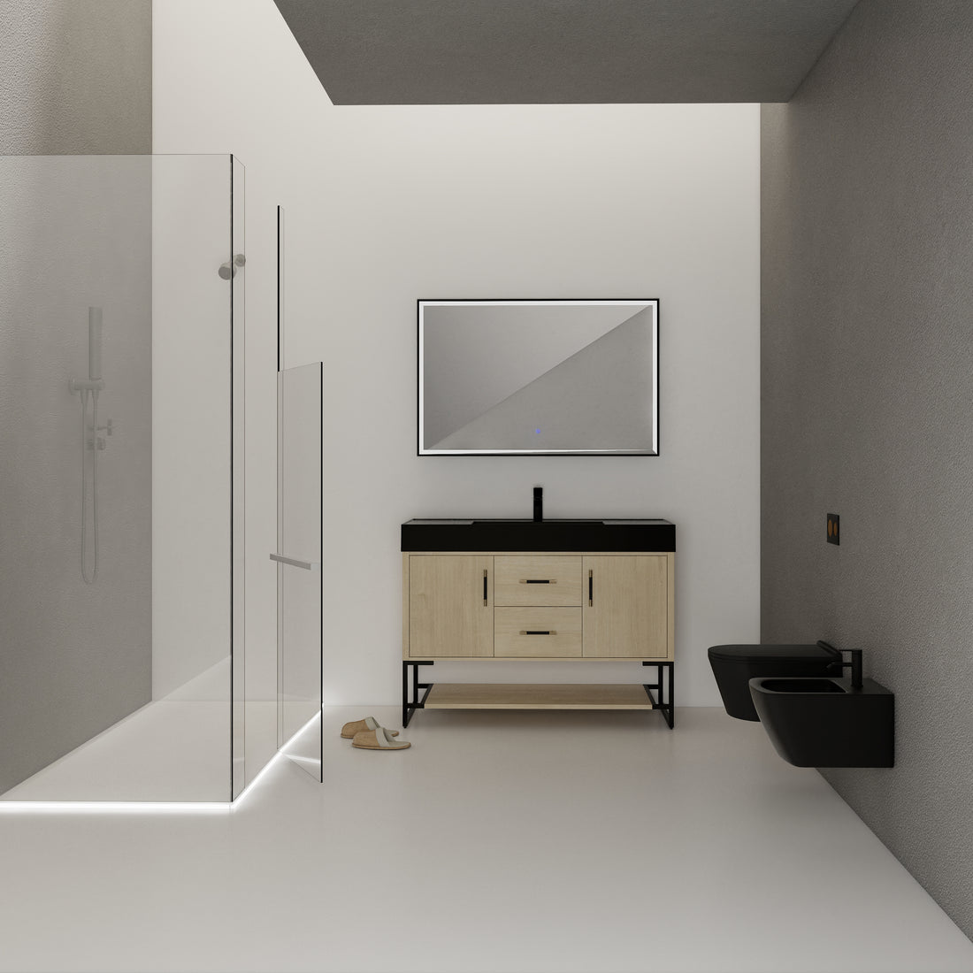 48 Inch Bathroom Vanity Freestanding Design With Black Resin Sink Plain Light Oak Bathroom American Traditional Plywood