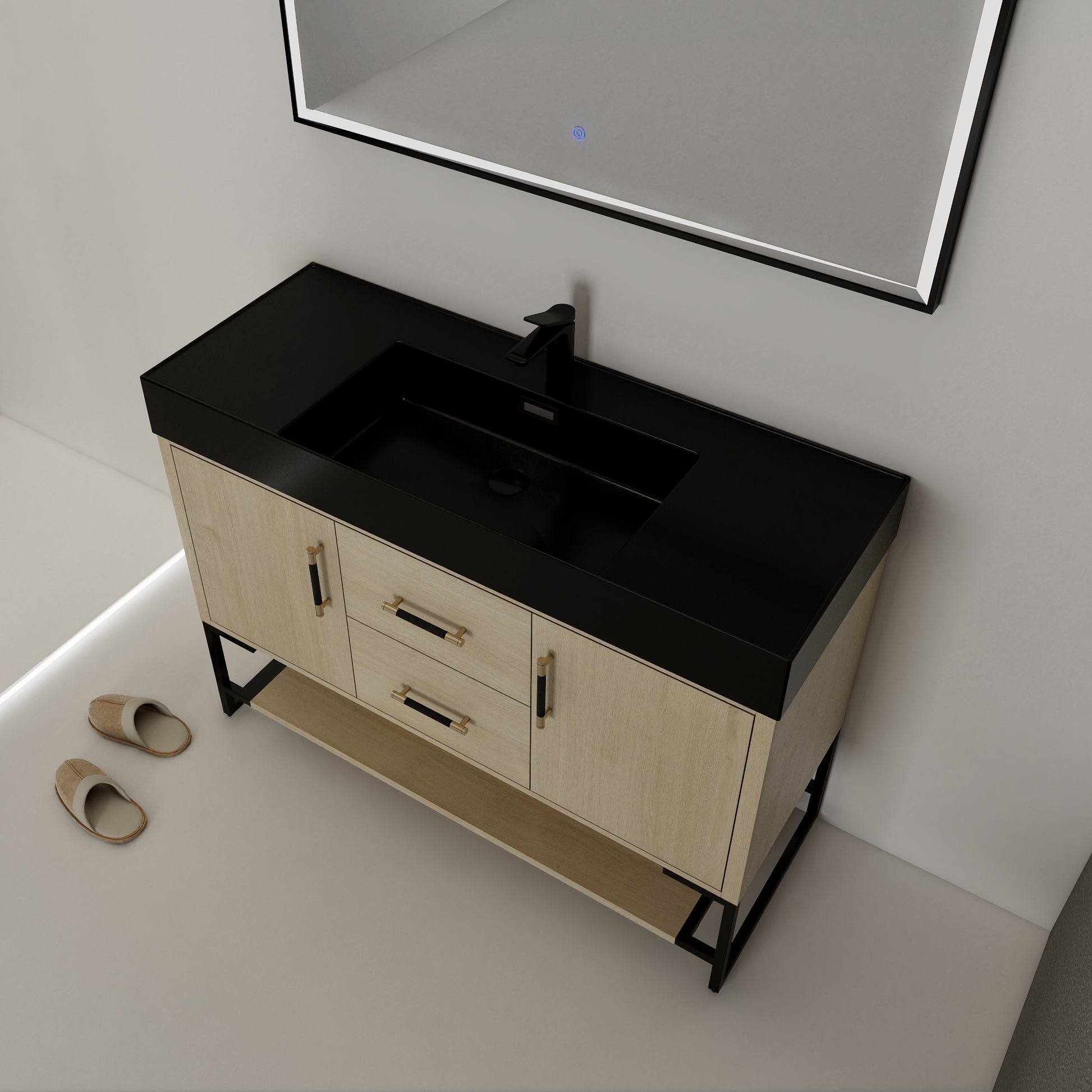 48 Inch Bathroom Vanity Freestanding Design With Black Resin Sink Plain Light Oak Bathroom American Traditional Plywood