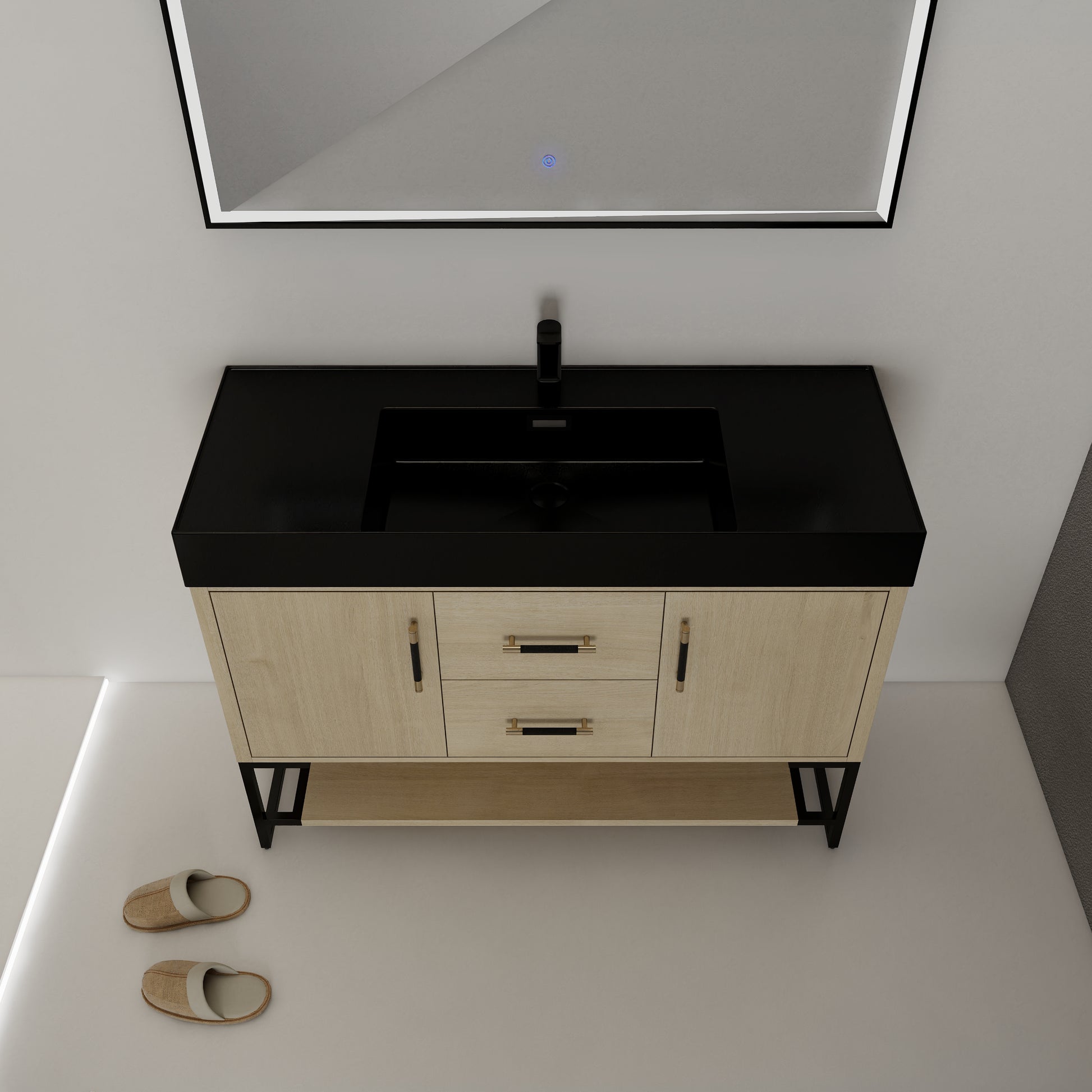 48 Inch Bathroom Vanity Freestanding Design With Black Resin Sink Plain Light Oak Bathroom American Traditional Plywood