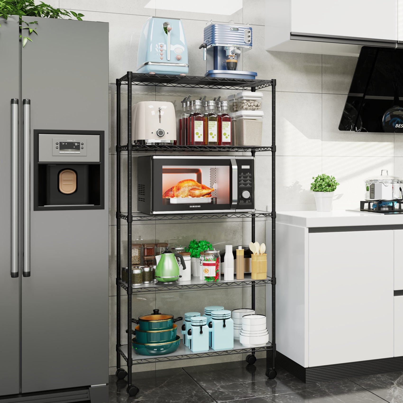 2 Pack 5 Tier Shelf Wire Shelving Unit, Nsf Heavy Duty Wire Shelf Metal Large Storage Shelves Height Adjustable Utility For Garage Kitchen Office Commercial Shelving Steel Layer Shelf Black Black Iron Plastic