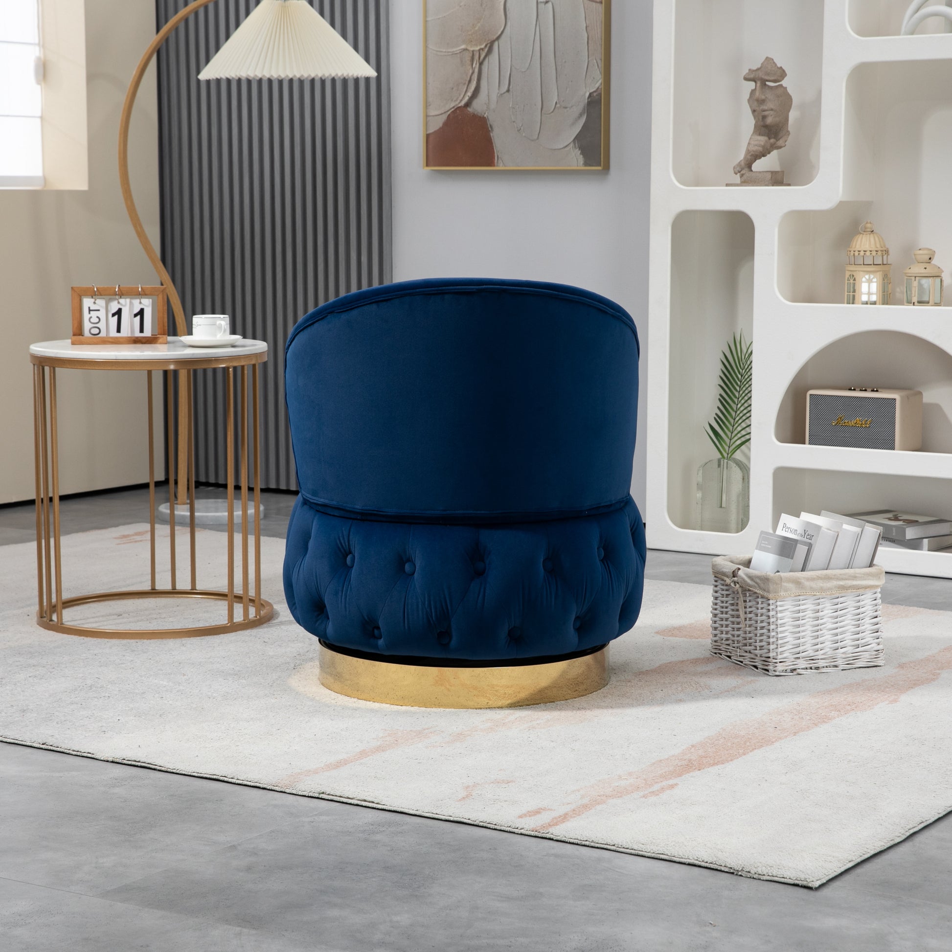 360 Degree Swivel Cuddle Barrel Accent Storage Chairs, Round Armchairs With Wide Upholstered, Fluffy Velvet Fabric Chair For Living Room, Bedroom, Office, Waiting Rooms Navy Primary Living Space Foam Velvet