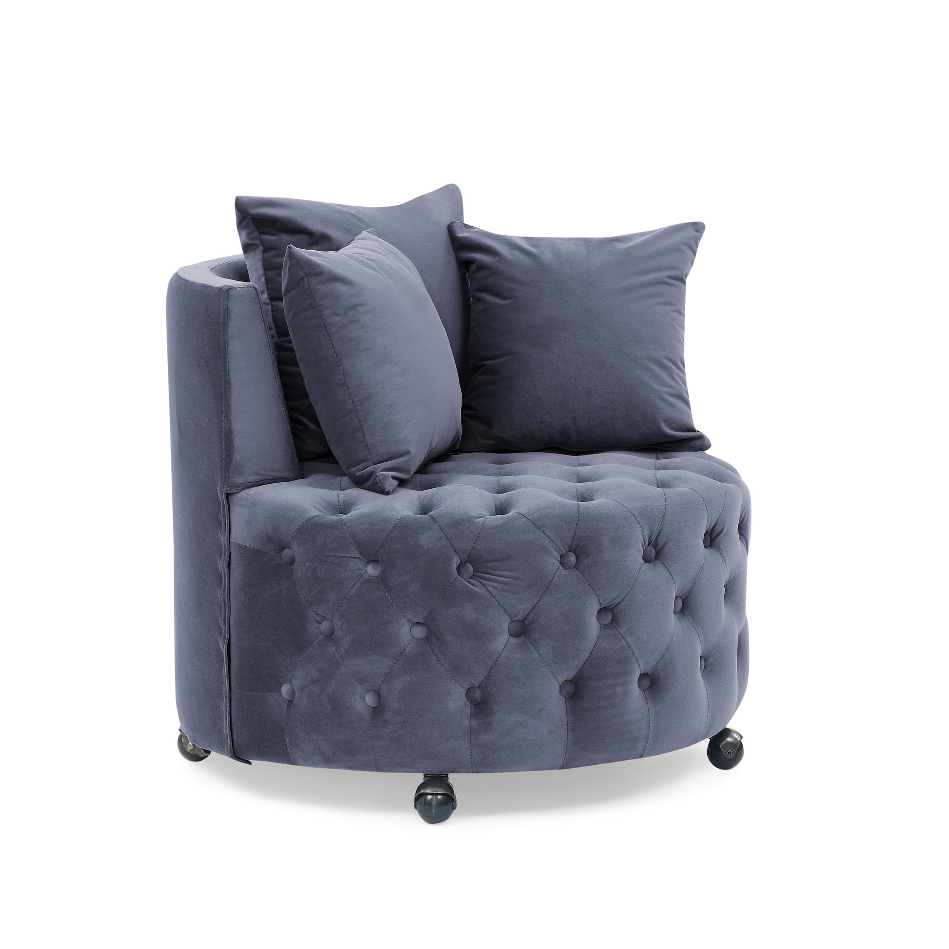 Velvet Upholstered Swivel Chair For Living Room, With Button Tufted Design And Movable Wheels, Including 3 Pillows, Grey Grey Foam