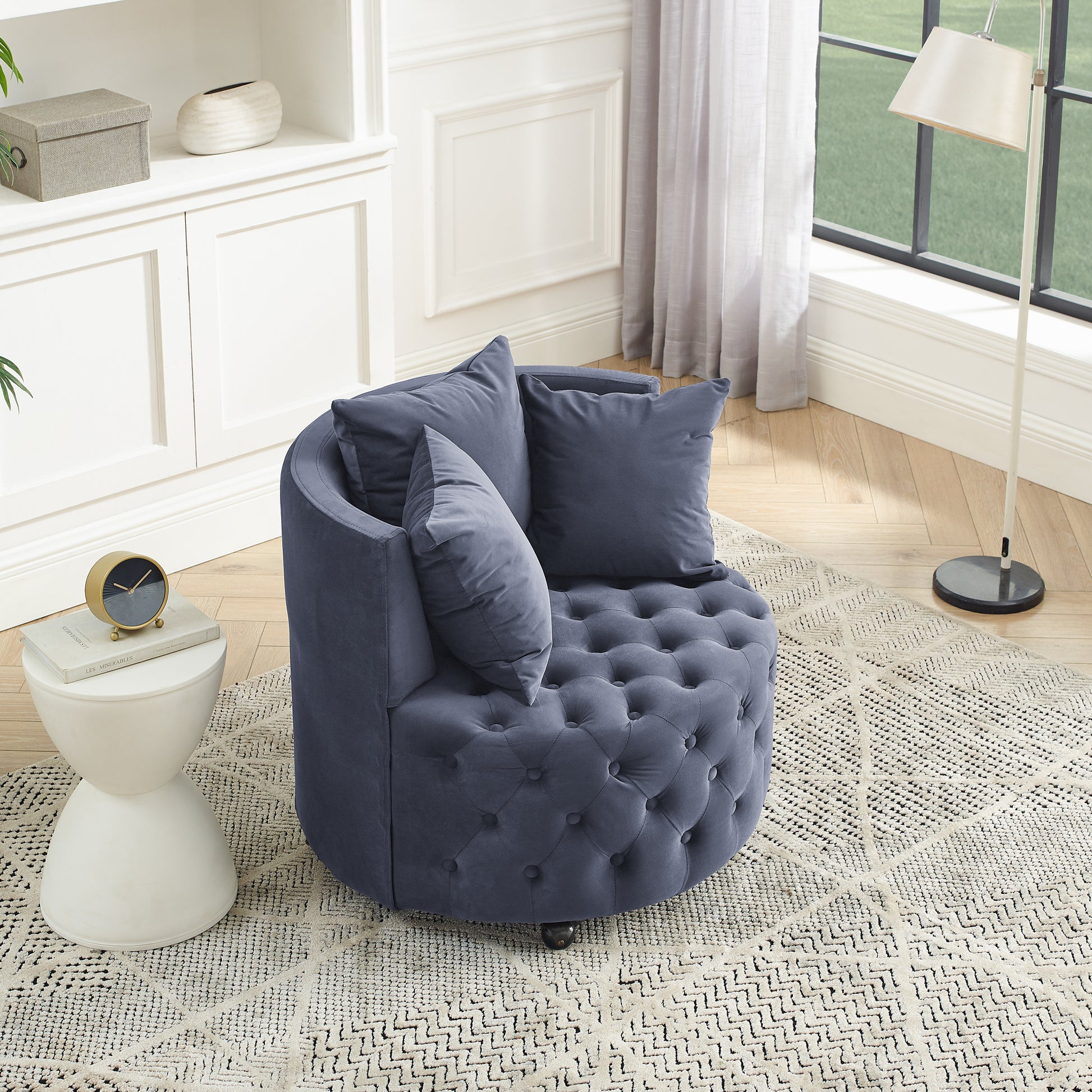 Velvet Upholstered Swivel Chair For Living Room, With Button Tufted Design And Movable Wheels, Including 3 Pillows, Grey Grey Foam
