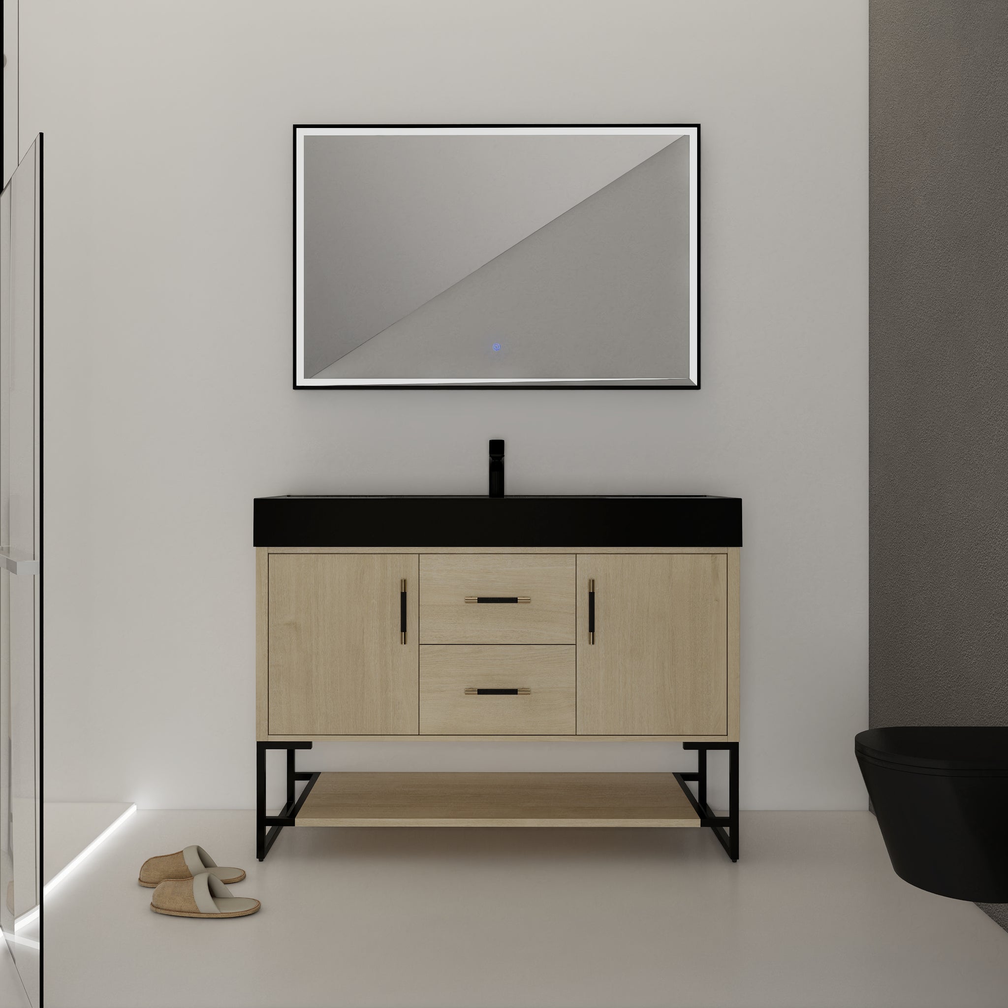 48 Inch Bathroom Vanity Freestanding Design With Black Resin Sink Plain Light Oak Bathroom American Traditional Plywood