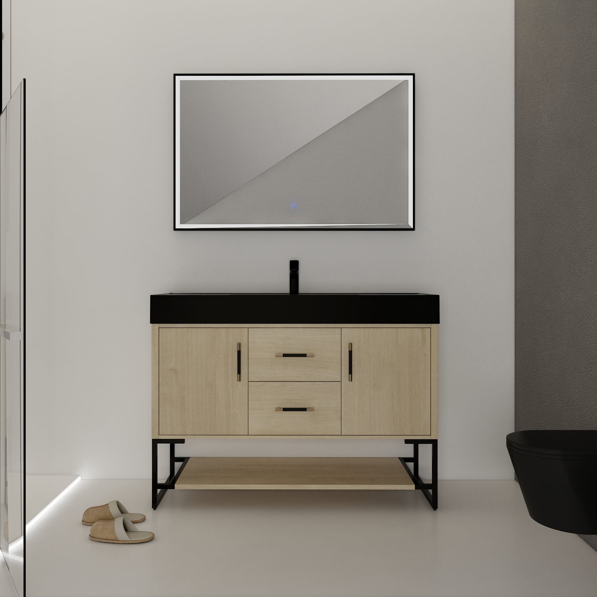 48 Inch Bathroom Vanity Freestanding Design With Black Resin Sink Plain Light Oak Bathroom American Traditional Plywood