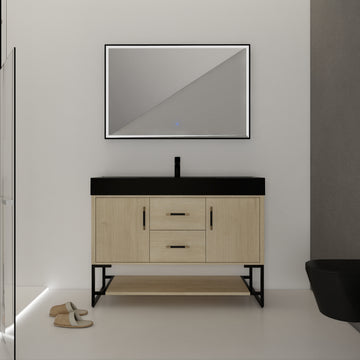48 Inch Bathroom Vanity Freestanding Design With Black Resin Sink Plain Light Oak Bathroom American Traditional Plywood