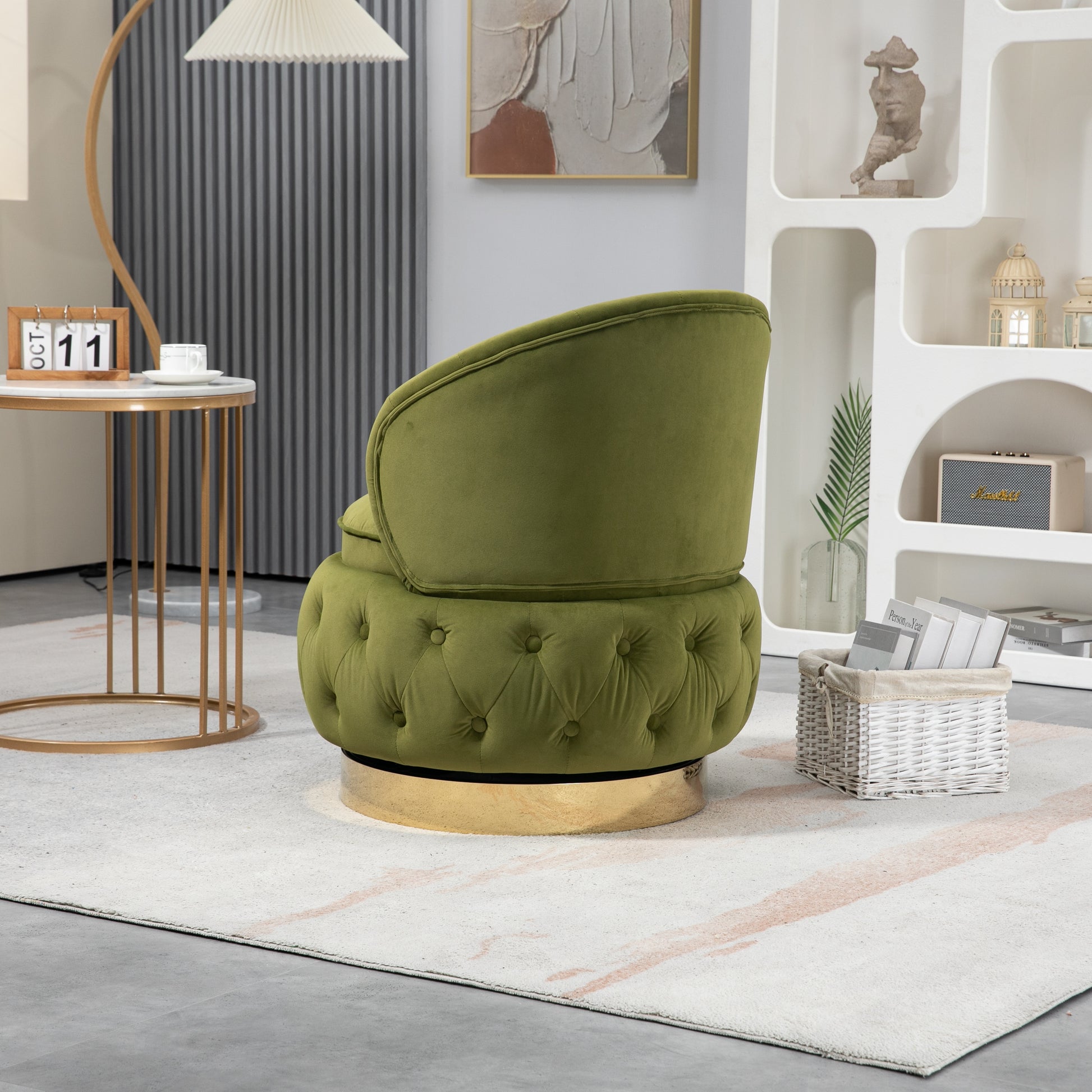 360 Degree Swivel Cuddle Barrel Accent Storage Chairs, Round Armchairs With Wide Upholstered, Fluffy Velvet Fabric Chair For Living Room, Bedroom, Office, Waiting Rooms Olive Green Primary Living Space Foam Velvet