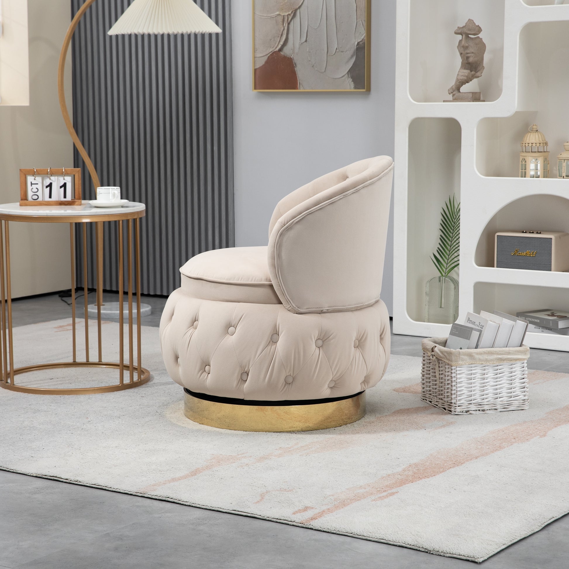 360 Degree Swivel Cuddle Barrel Accent Storage Chairs, Round Armchairs With Wide Upholstered, Fluffy Velvet Fabric Chair For Living Room, Bedroom, Office, Waiting Rooms Beige Primary Living Space Foam Velvet