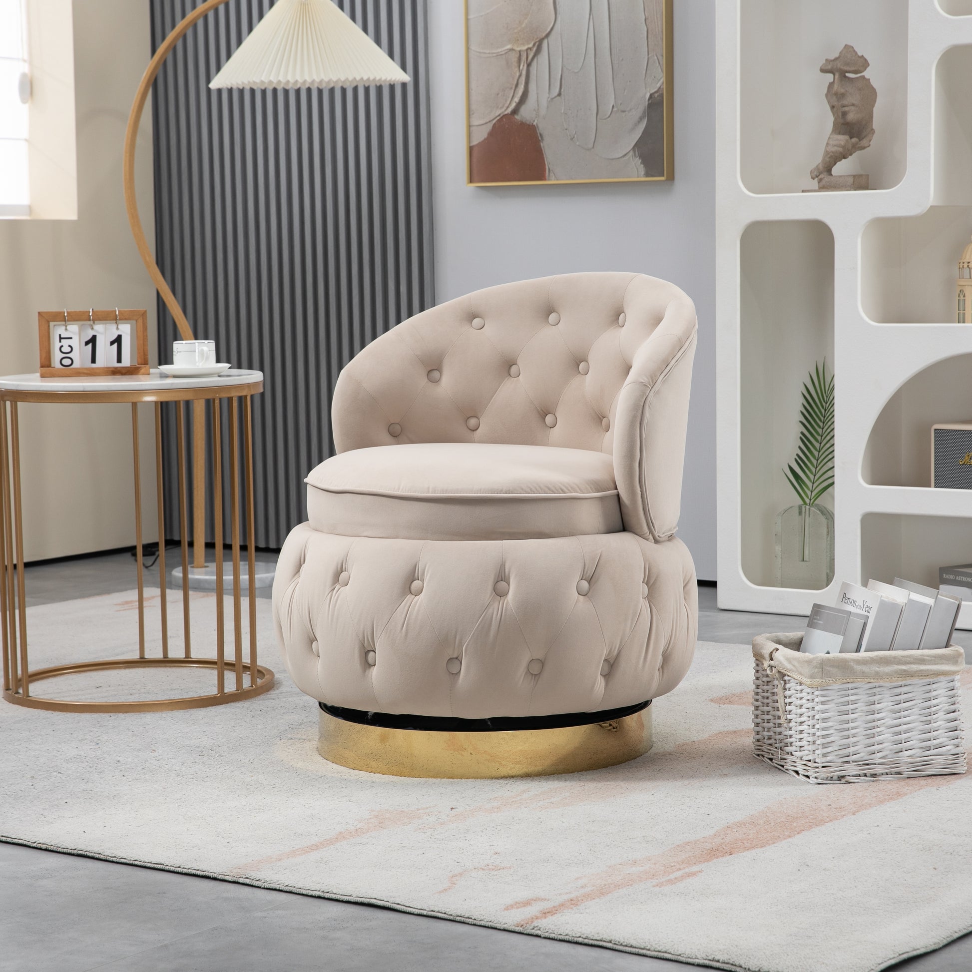 360 Degree Swivel Cuddle Barrel Accent Storage Chairs, Round Armchairs With Wide Upholstered, Fluffy Velvet Fabric Chair For Living Room, Bedroom, Office, Waiting Rooms Beige Primary Living Space Foam Velvet