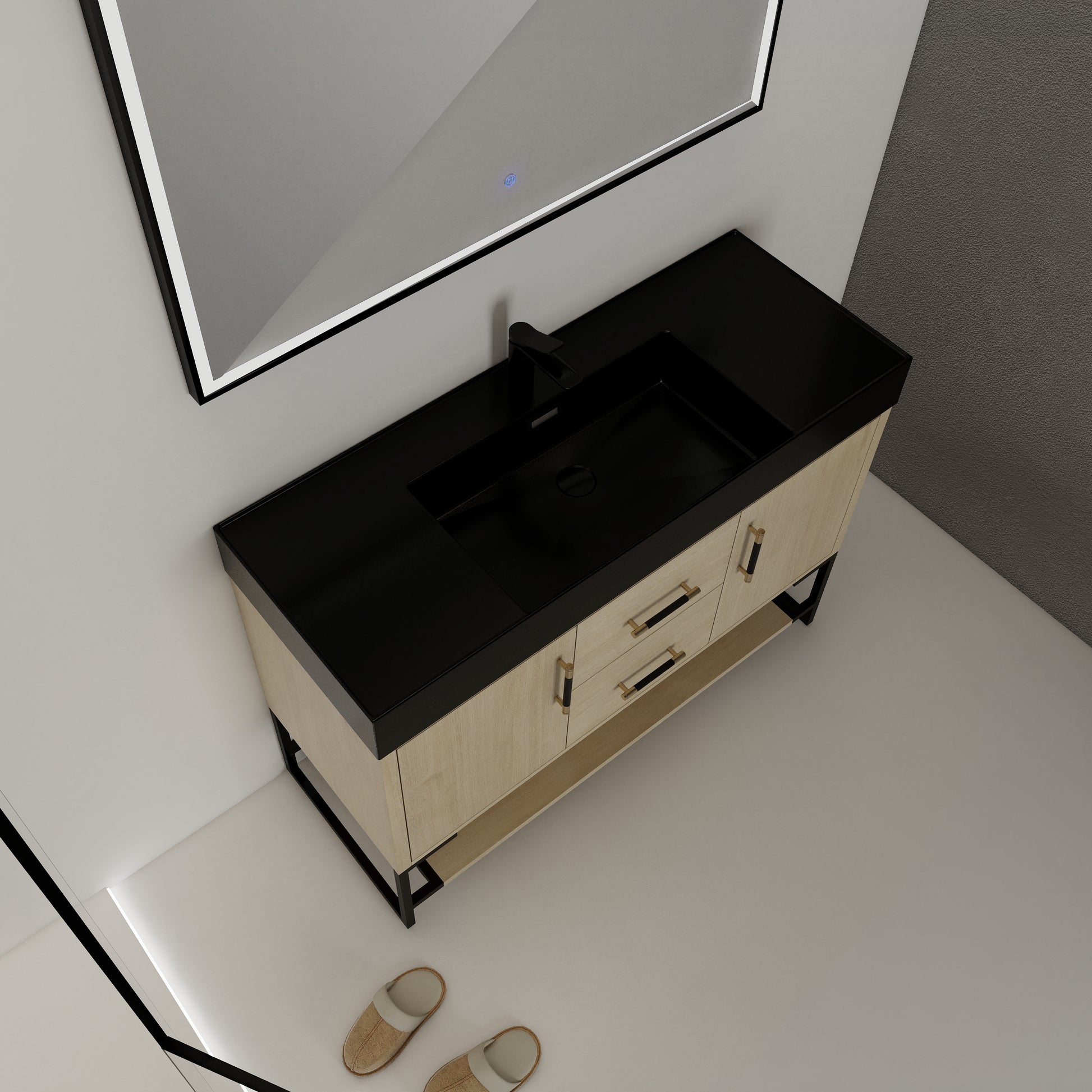 48 Inch Bathroom Vanity Freestanding Design With Black Resin Sink Plain Light Oak Bathroom American Traditional Plywood