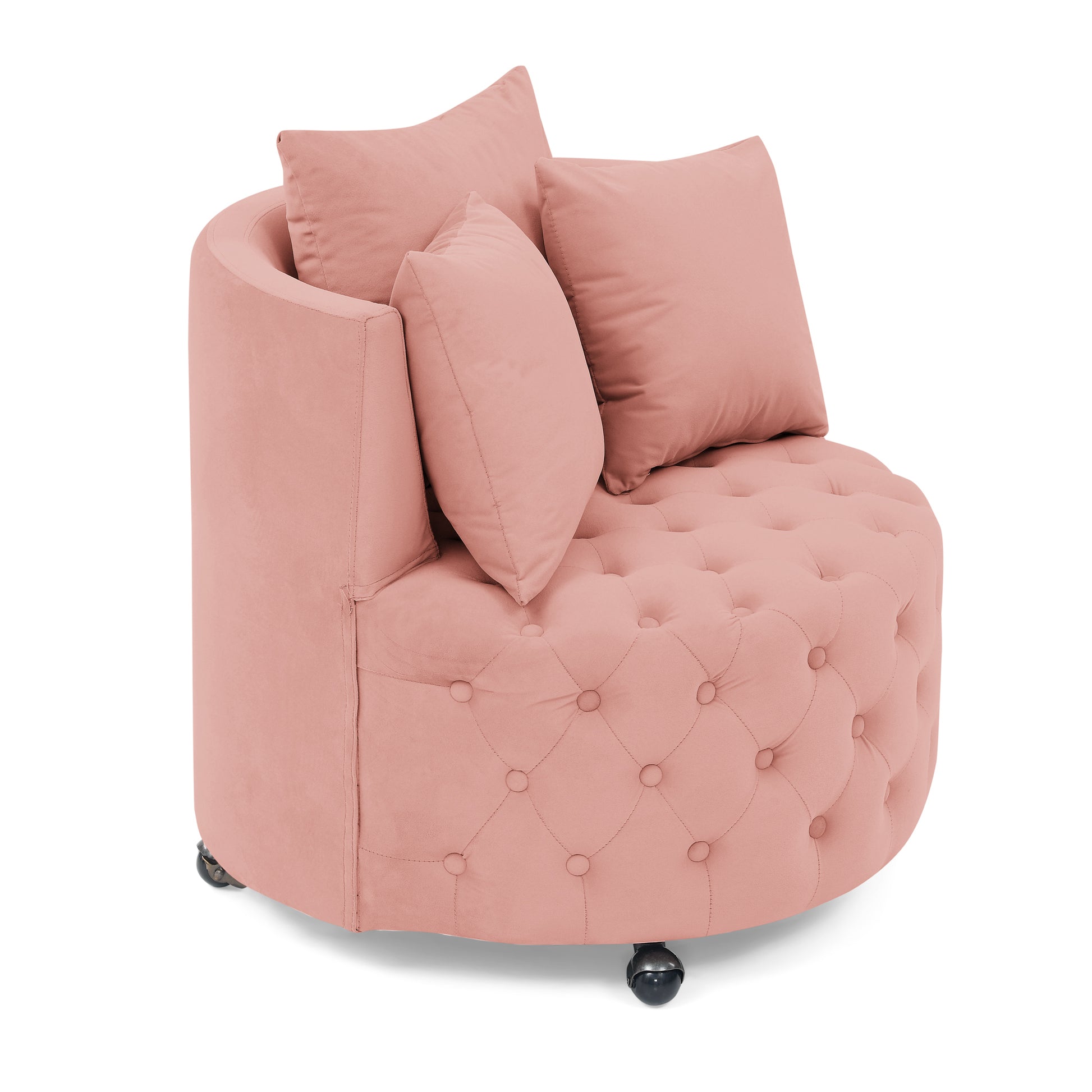 Velvet Upholstered Swivel Chair For Living Room, With Button Tufted Design And Movable Wheels, Including 3 Pillows, Pink Pink Foam