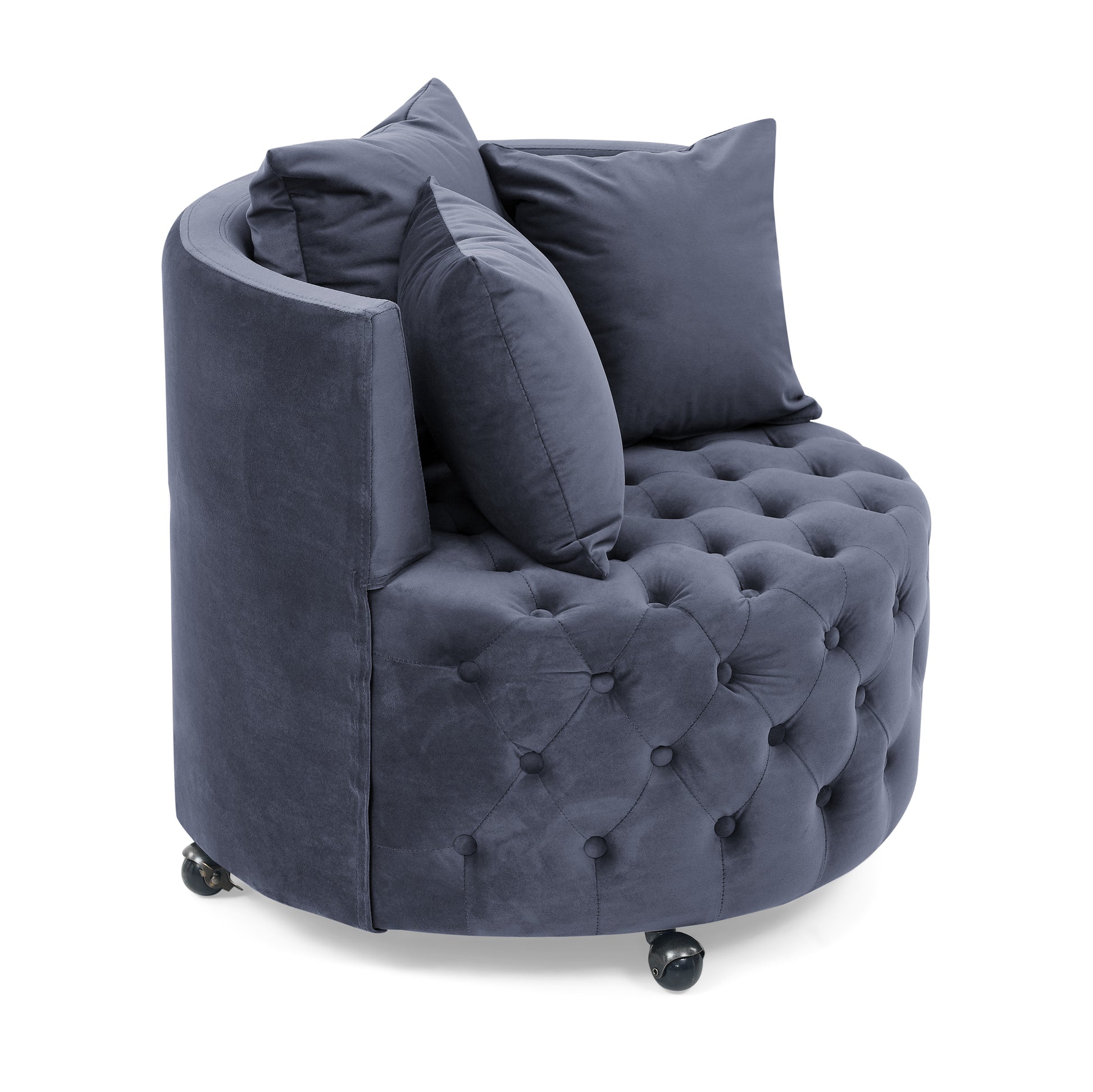 Velvet Upholstered Swivel Chair For Living Room, With Button Tufted Design And Movable Wheels, Including 3 Pillows, Grey Grey Foam