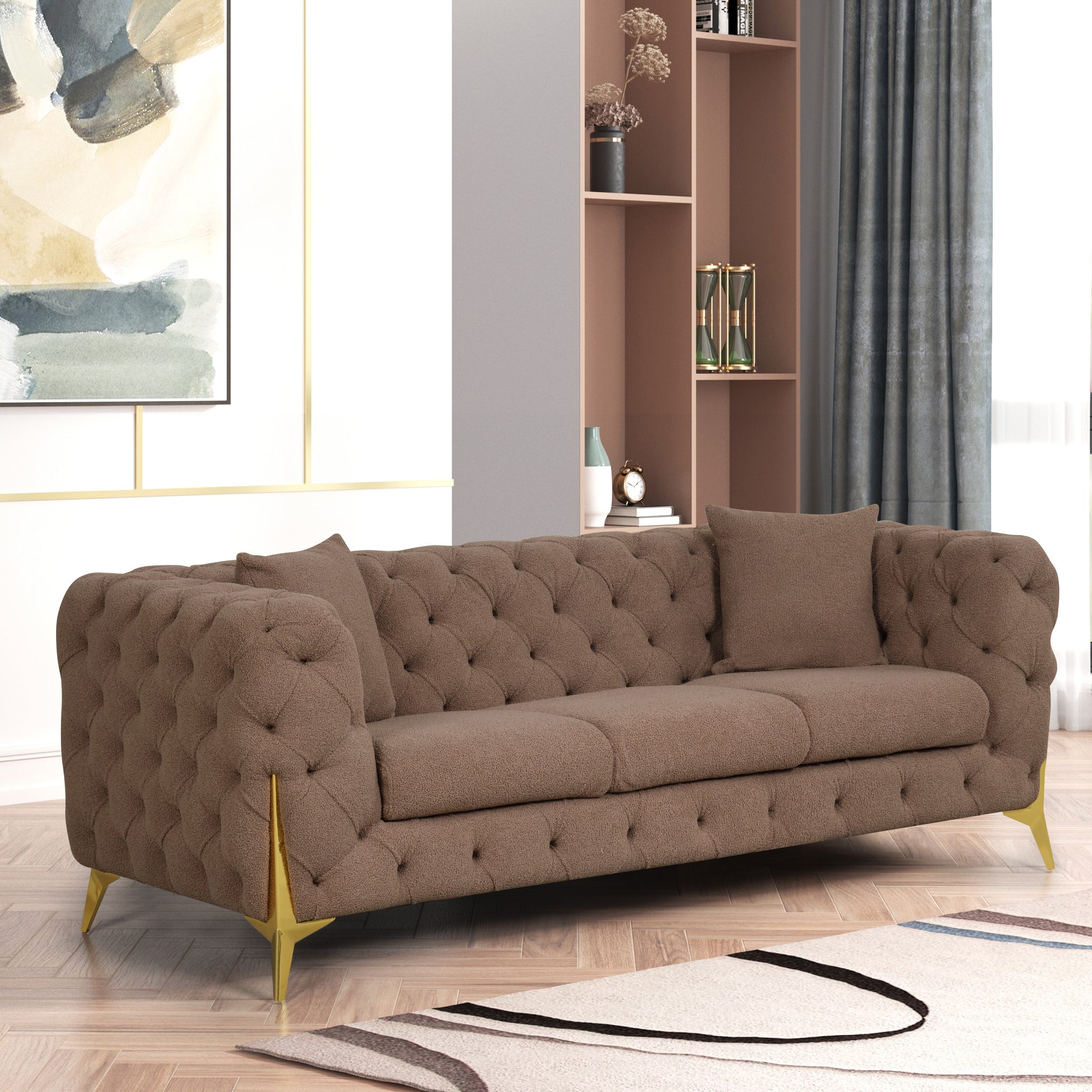 Contempo Modern Style Buckle Fabric Sofa Made With Wood In Brown Brown Wood Primary Living Space Contemporary Faux Fur Wood