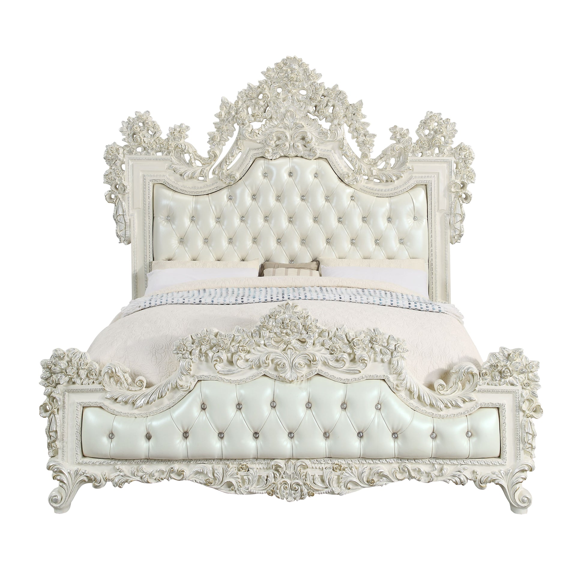 Adara Ek Bed Pearl White Pu & Antique White Finish Bd01248Ek Antique White Pu