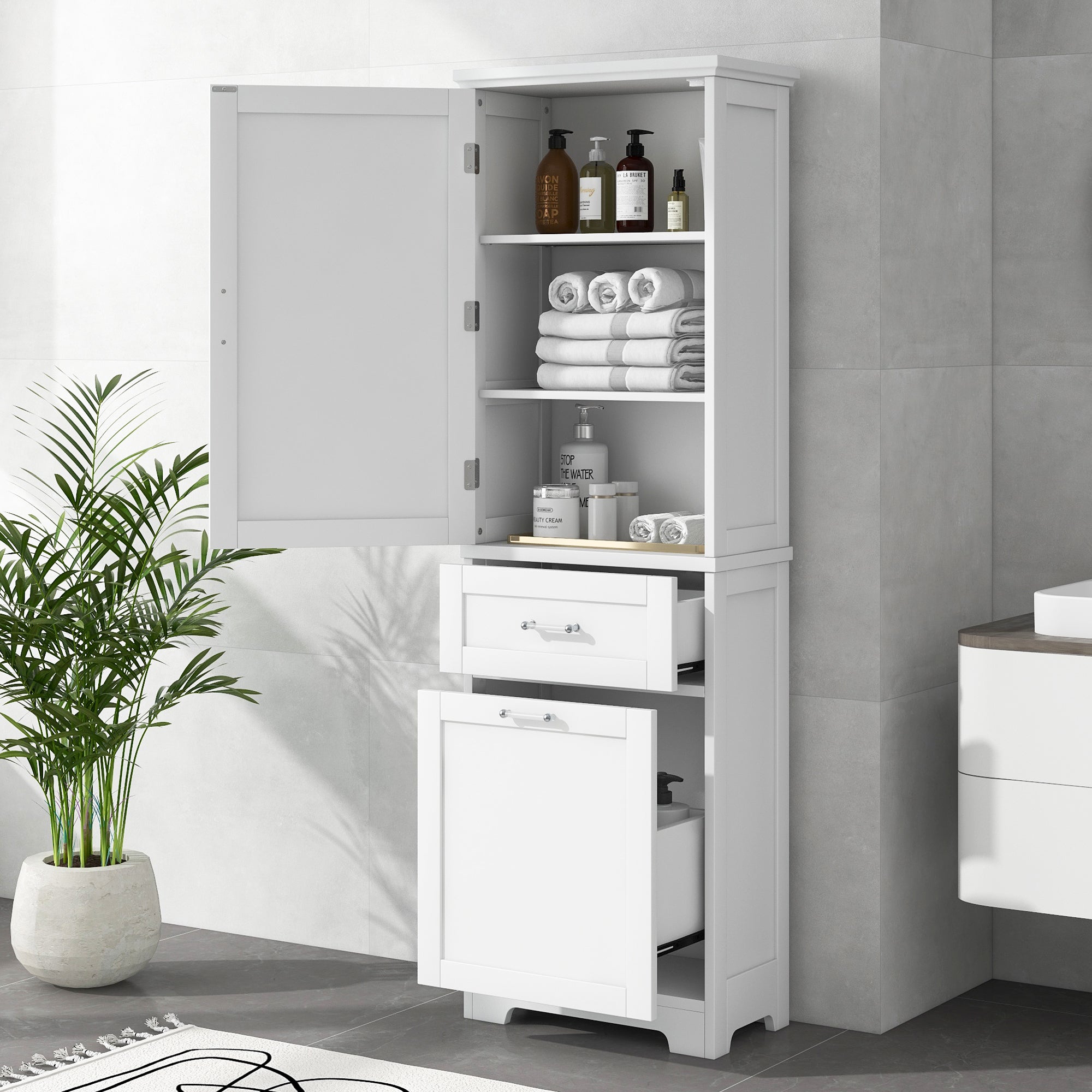 Tall Bathroom Storage Cabinet, Freestanding Storage Cabinet With Two Different Size Drawers And Adjustable Shelf, Mdf Board With Painted Finish, White Old Sku:Wf312730Aak White Mdf