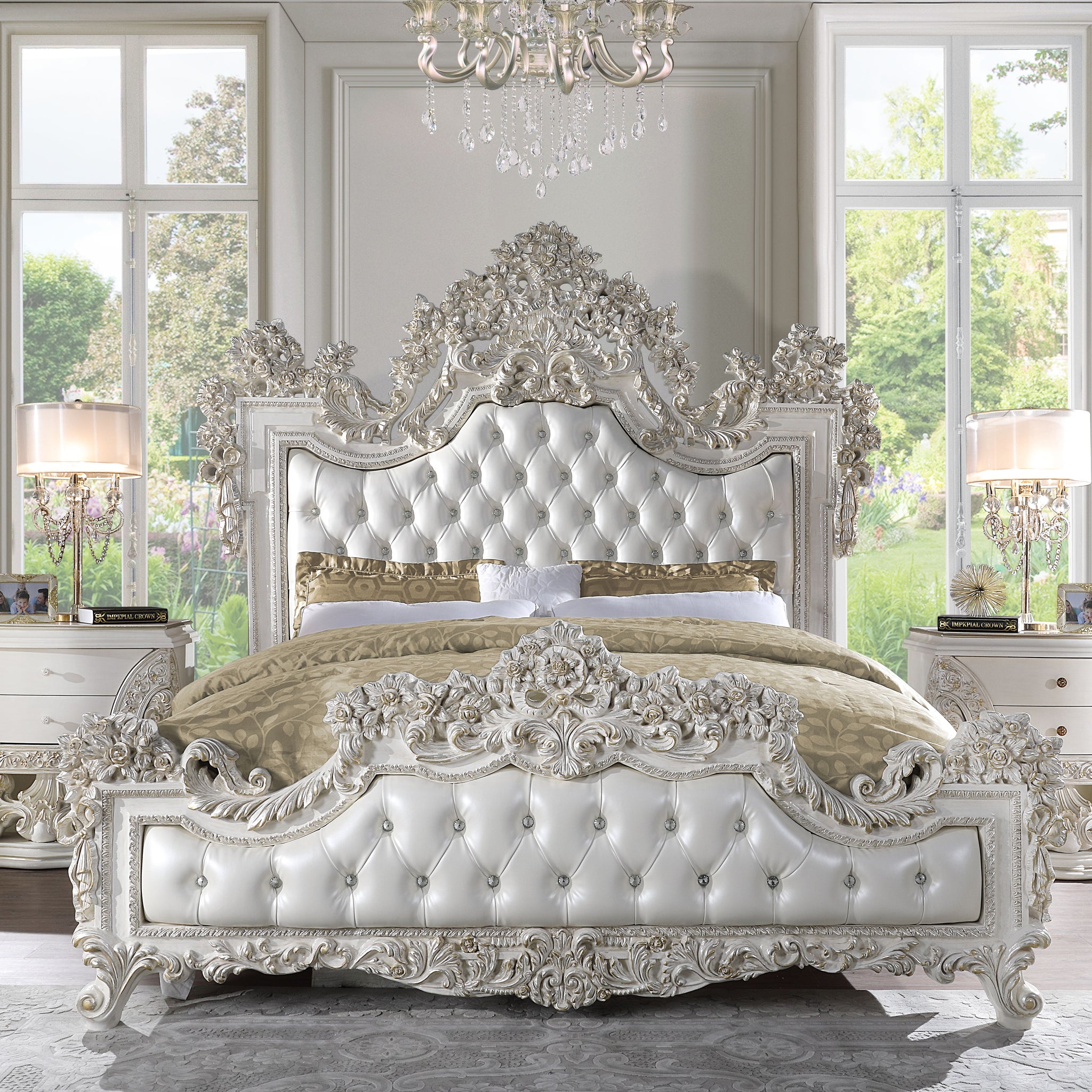 Adara Ek Bed Pearl White Pu & Antique White Finish Bd01248Ek Antique White Pu