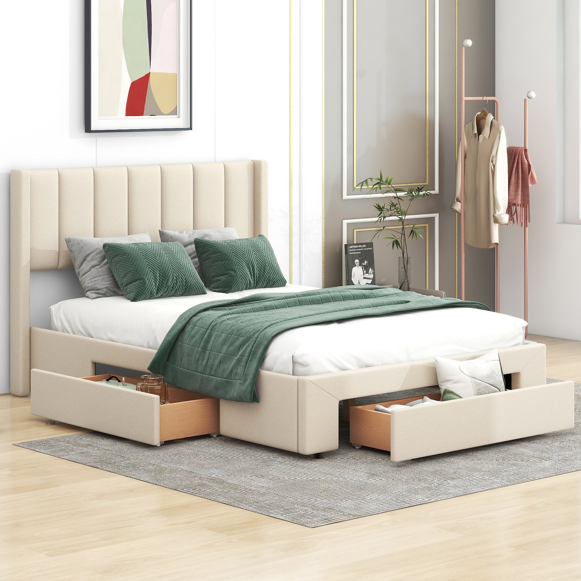 Full Size Upholstered Platform Bed With One Large Drawer In The Footboard And Drawer On Each Side,Beige Box Spring Not Required Full Beige Wood Bedroom Bed Frame Linen Upholstered