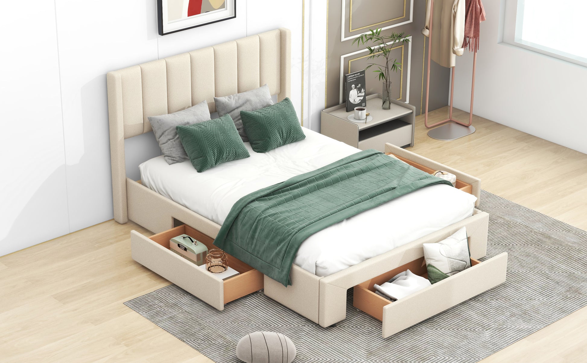 Full Size Upholstered Platform Bed With One Large Drawer In The Footboard And Drawer On Each Side,Beige Box Spring Not Required Full Beige Wood Bedroom Bed Frame Linen Upholstered