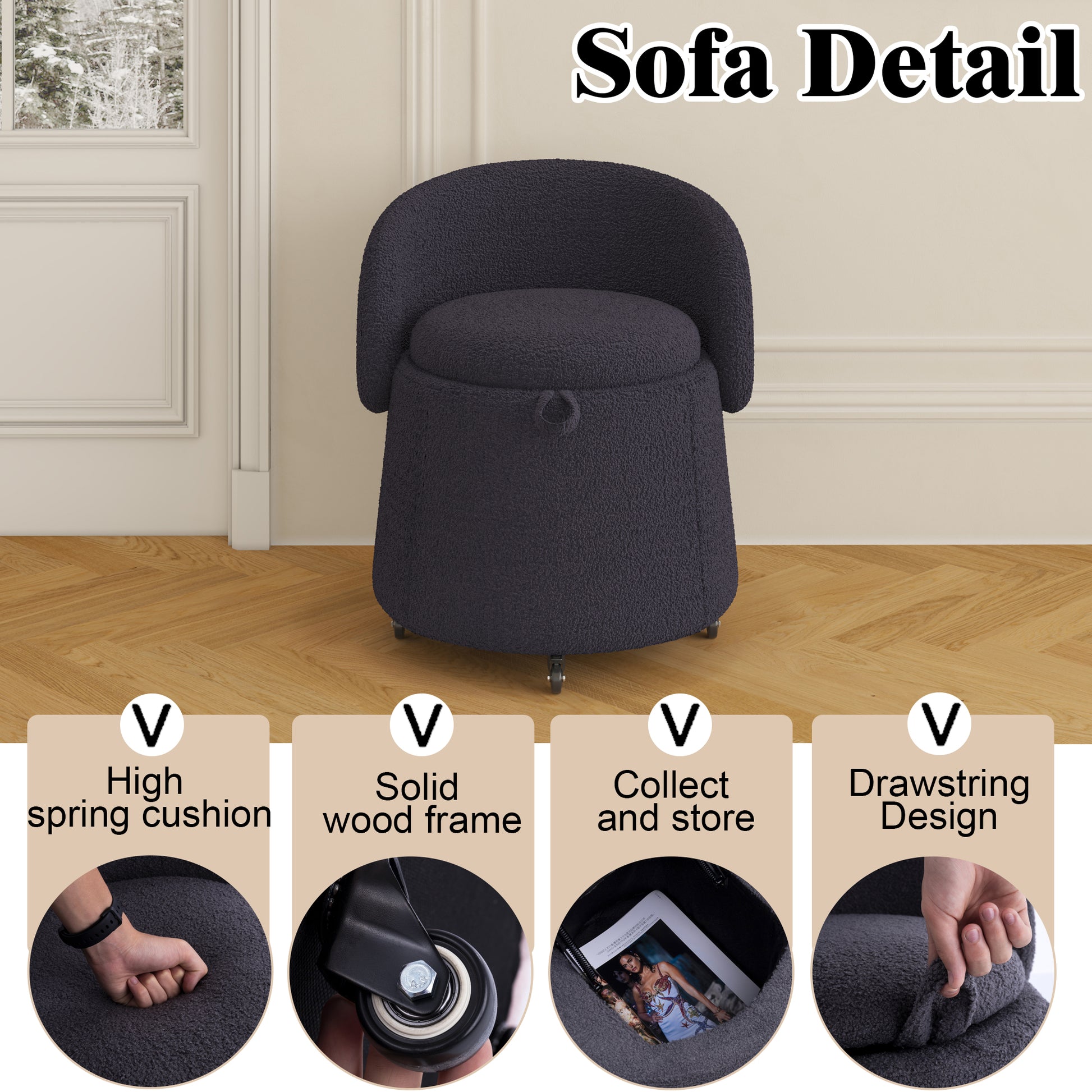 Multi Functional Stool Can Be Moved For Storage,Teddy Fleece Bedroom And Living Room Gray Polyester Blend