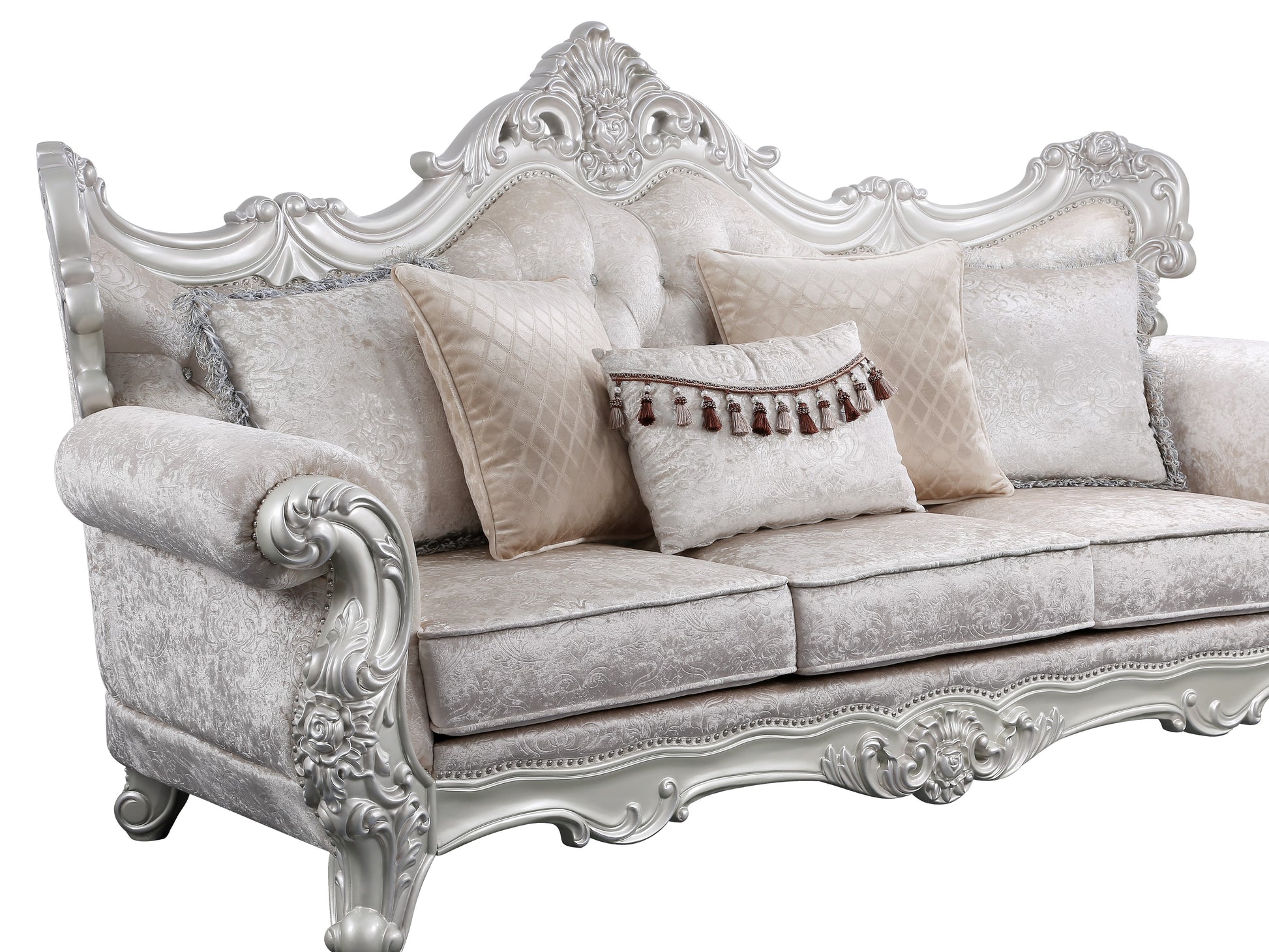 Melrose Traditional Style Sofa In Champagne And Silver Brush Finish Made With Wood Silver Chenille Wood Primary Living Space Tufted Back Traditional Solid Wood Mdf Wood 3 Seat