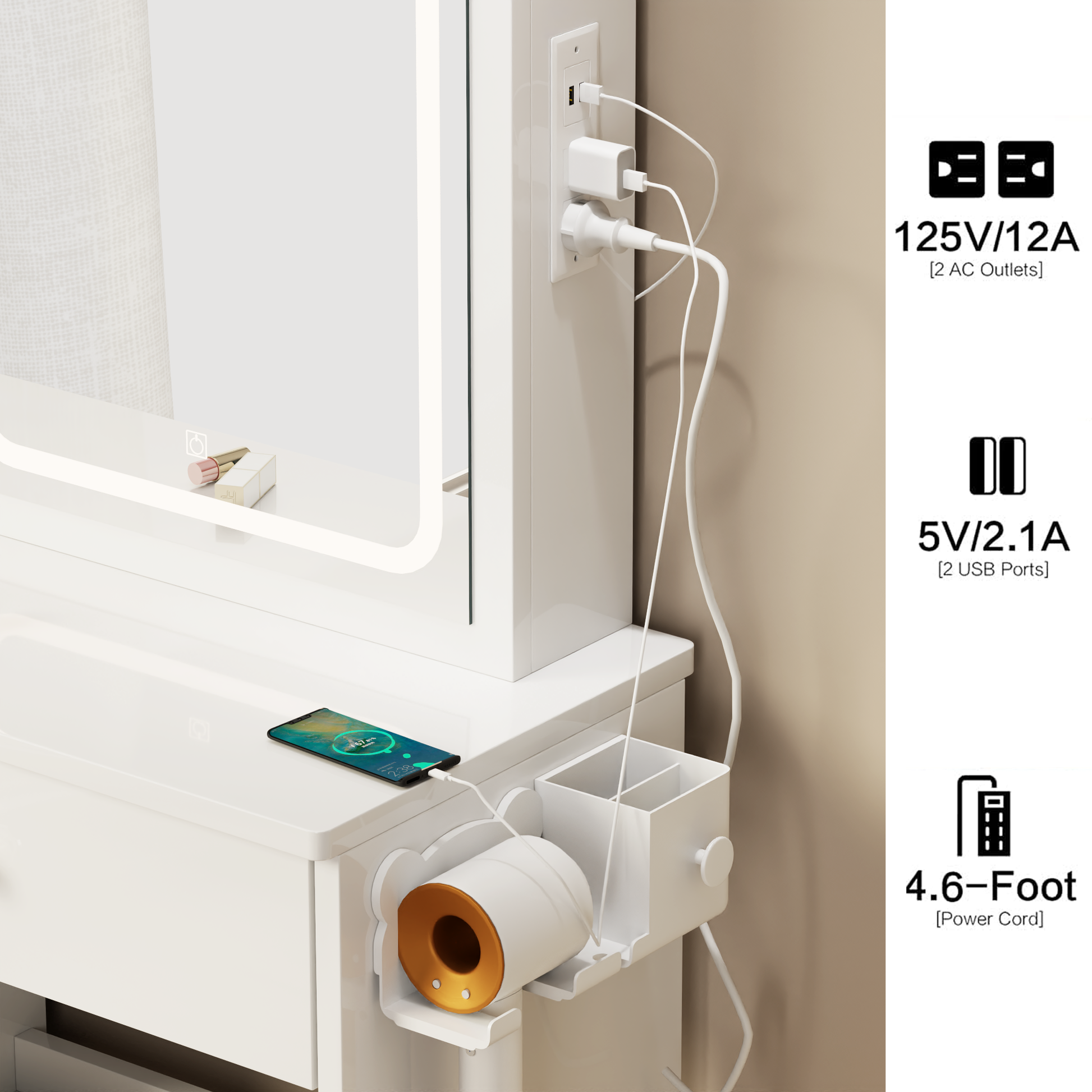 Small Space Left Drawer Desktop Vanity Table Cushioned Stool, 2 Ac 2 Usb Power Station, Hair Dryer Bracket, Extra Large Touch Control Sliding Led Mirror, Tri Color Switching, Brightness Adjustable