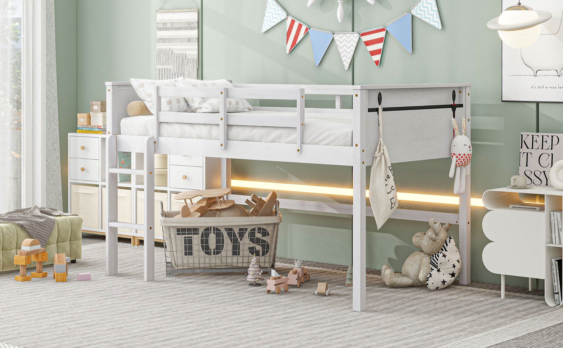 Wood Twin Size Loft Bed With Hanging Clothes Racks, White Box Spring Not Required Twin White Wood Bedroom Solid Wood Mdf