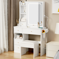 Small Space Left Drawer Desktop Vanity Table Cushioned Stool, 2 Ac 2 Usb Power Station, Hair Dryer Bracket, Extra Large Touch Control Sliding Led Mirror, Tri Color Switching, Brightness Adjustable