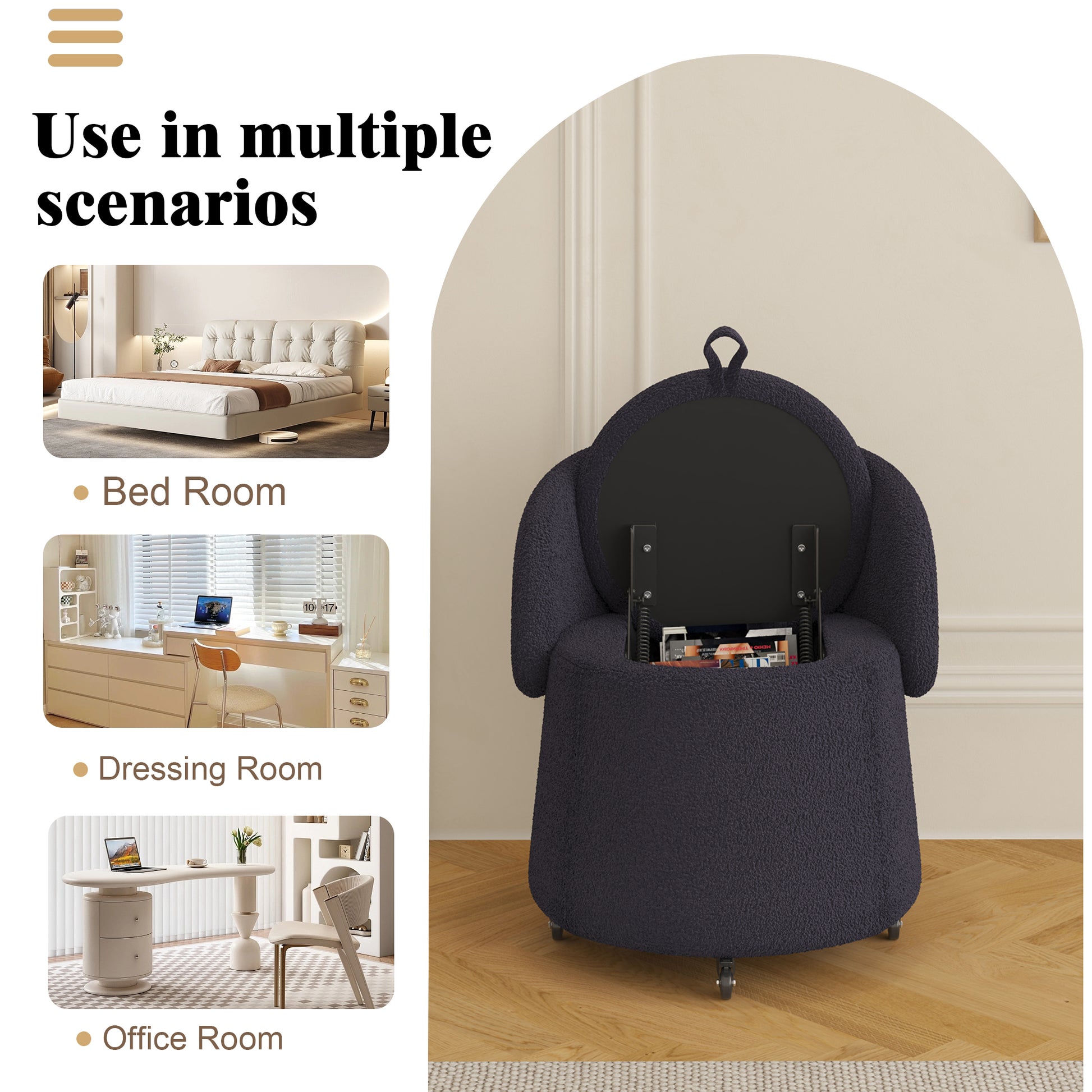 Multi Functional Stool Can Be Moved For Storage,Teddy Fleece Bedroom And Living Room Gray Polyester Blend