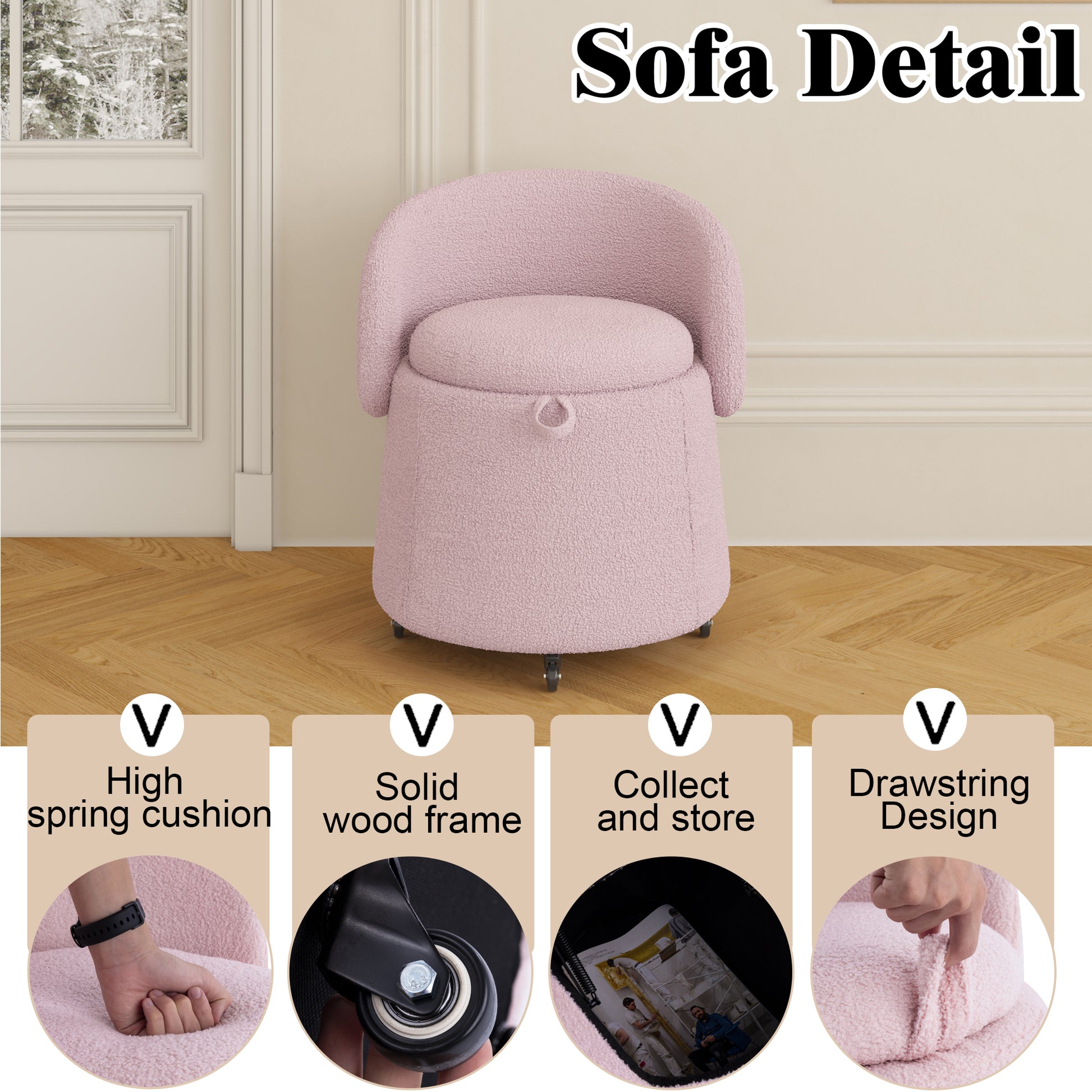 Multi Functional Stool 23 Inches Movable Storage, Pink Teddy Fleece Everywhere In The Bedroom And Living Room Pink Teddy Polyester Blend