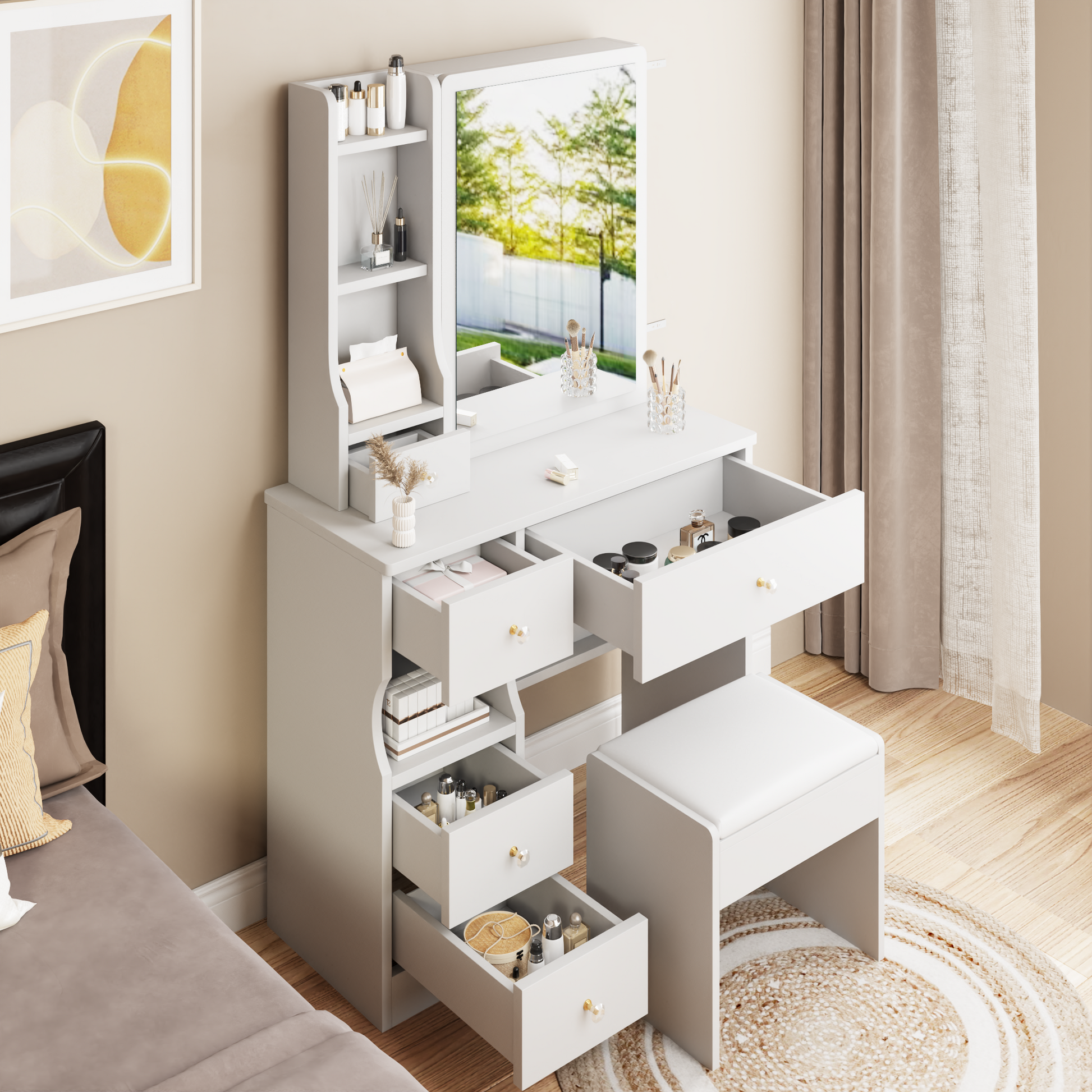 Small Space Left Drawer Desktop Vanity Table Cushioned Stool, Extra Large Right Sliding Mirror, Multi Layer High Capacity Storage, Practical Fashionable Dresser, Suitable For Girls Up To 5.6Ft Tall White Mdf