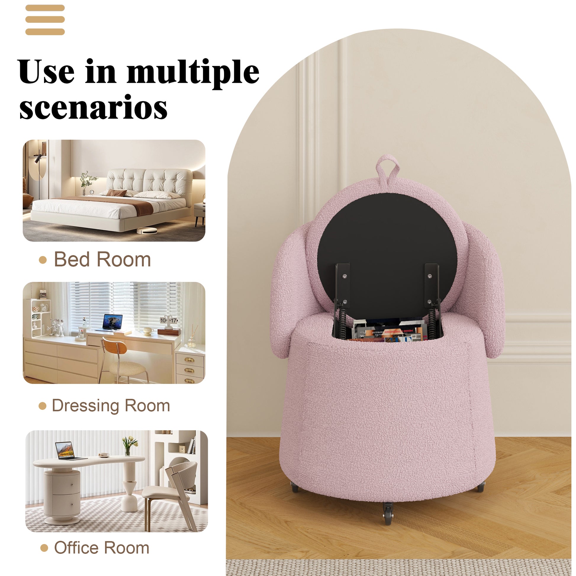 Multi Functional Stool 23 Inches Movable Storage, Pink Teddy Fleece Everywhere In The Bedroom And Living Room Pink Teddy Polyester Blend