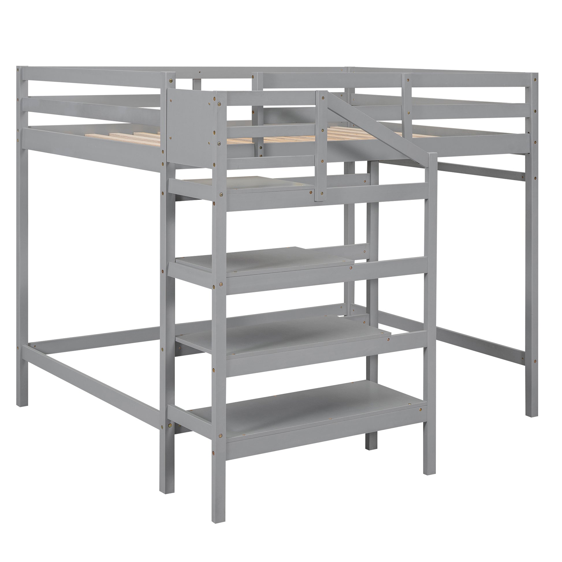 Full Size Loft Bed With Built In Storage Staircase And Hanger For Clothes, Gray Box Spring Not Required Full Gray Wood Bedroom Pine