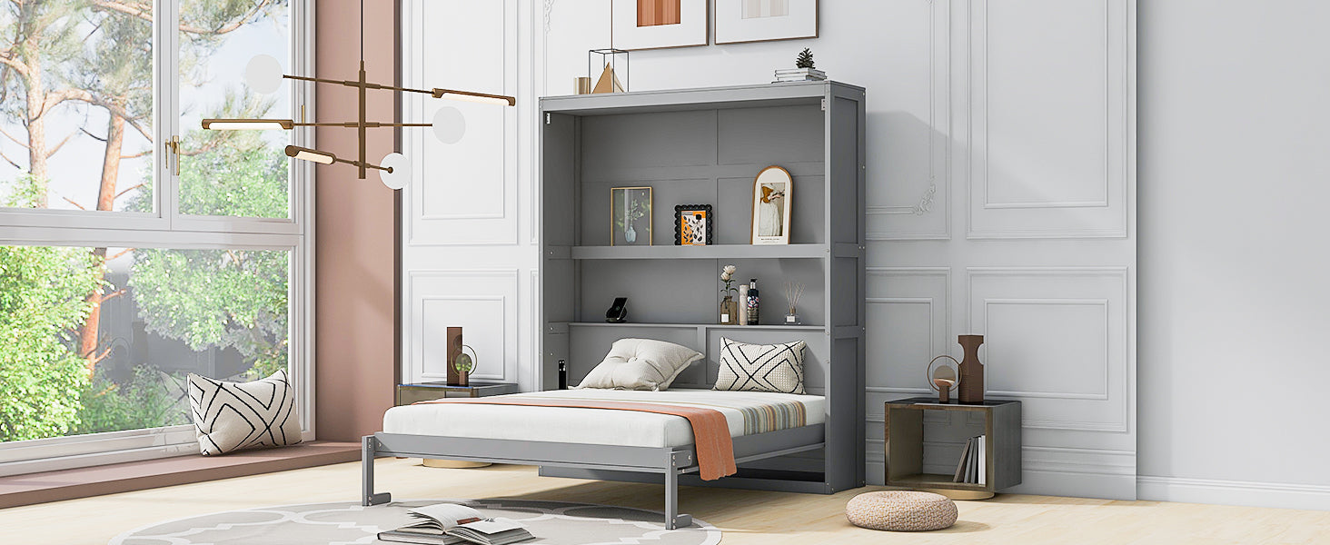 Queen Size Murphy Bed Wall Bed With Shelves,Gray Gray Solid Wood Mdf