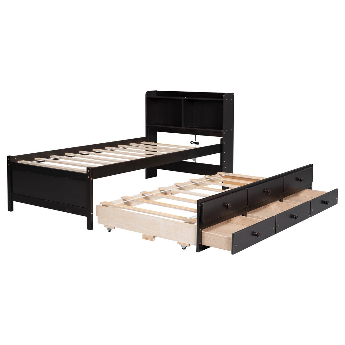 Twin Size Bed With Built In Usb ,Type C Ports, Led Light, Bookcase Headboard, Trundle And 3 Storage Drawers, Twin Size Bed With Bookcase Headboard, Trundle And Storage Drawers ,Espresso Twin Espresso American Design Pine