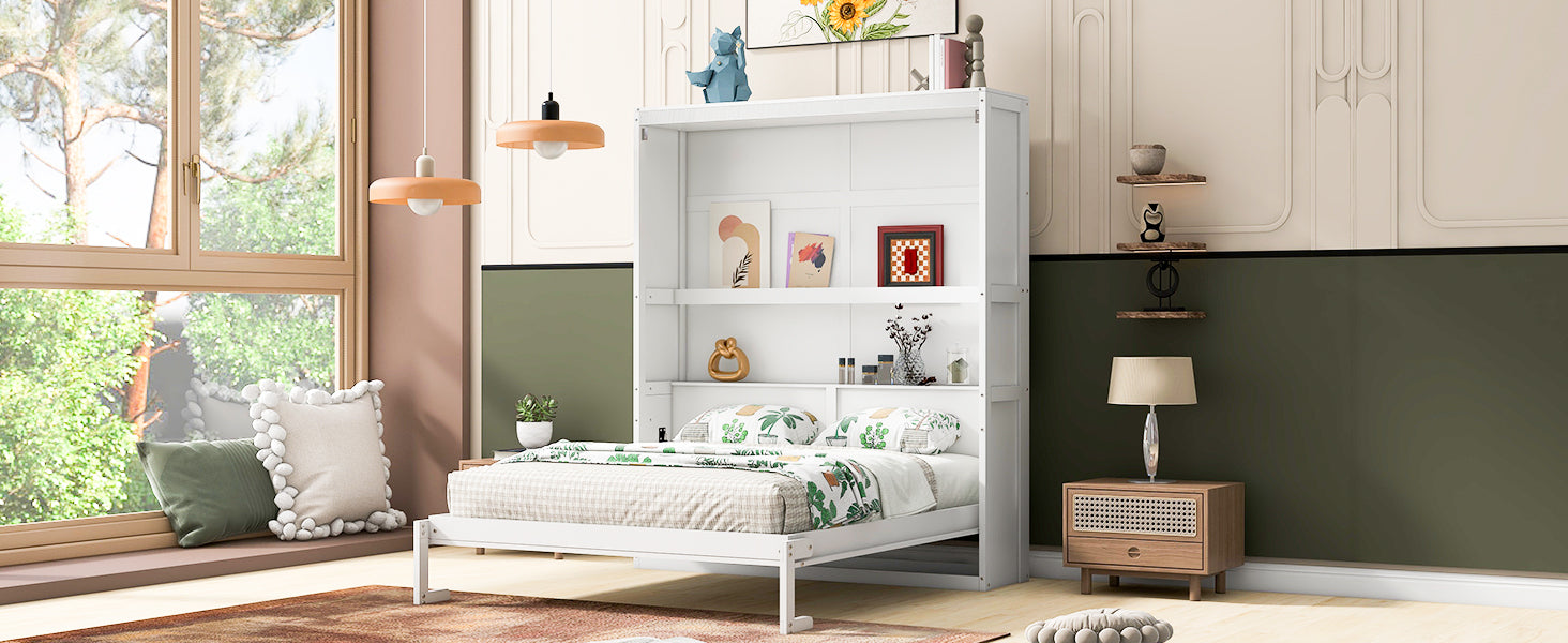 Queen Size Murphy Bed Wall Bed With Shelves,White White Solid Wood Mdf