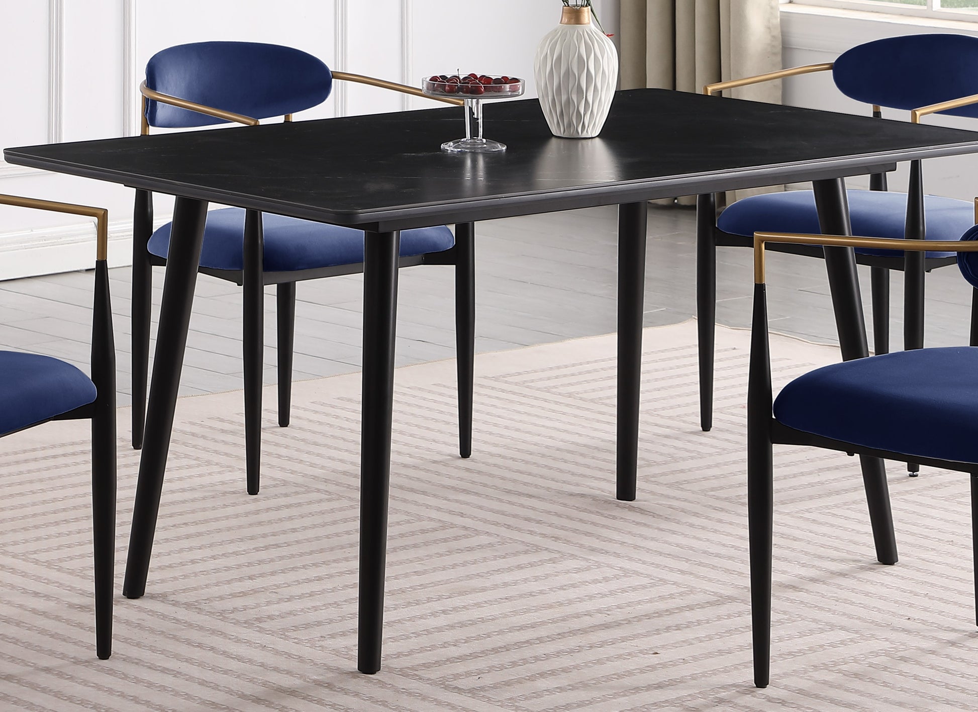 Modern Contemporary 5Pc Dining Set Black Sintered Stone Table And Blue Chairs Fabric Upholstered Stylish Furniture Black Blue Seats 4 Dining Room 60 Inches Contemporary,Modern,Ultra Modern Rectangular Dining Table With Chair Sintered Stone