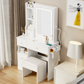 Small Space Left Drawer Desktop Vanity Table Cushioned Stool, 2 Ac 2 Usb Power Station, Hair Dryer Bracket, Extra Large Touch Control Sliding Led Mirror, Tri Color Switching, Brightness Adjustable
