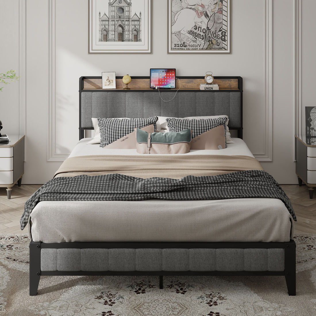 Queen Size Bed Frame With Charging Station, Upholstered Headboard, Metal Platform, Grey Box Spring Not Required Queen Dark Gray Metal Bedroom Bed Frame Upholstered Linen Metal