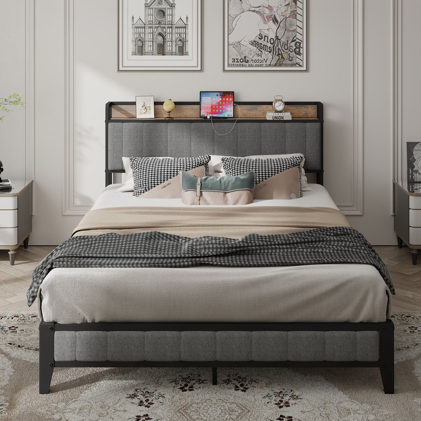 Queen Size Bed Frame With Charging Station, Upholstered Headboard, Metal Platform, Grey Box Spring Not Required Queen Dark Gray Metal Bedroom Bed Frame Upholstered Linen Metal