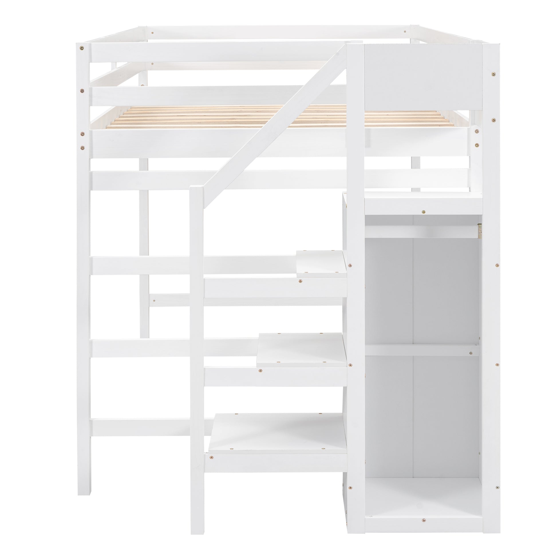 Full Size Loft Bed With Built In Storage Wardrobe And Staircase, White Box Spring Not Required Full White Wood Bedroom Pine