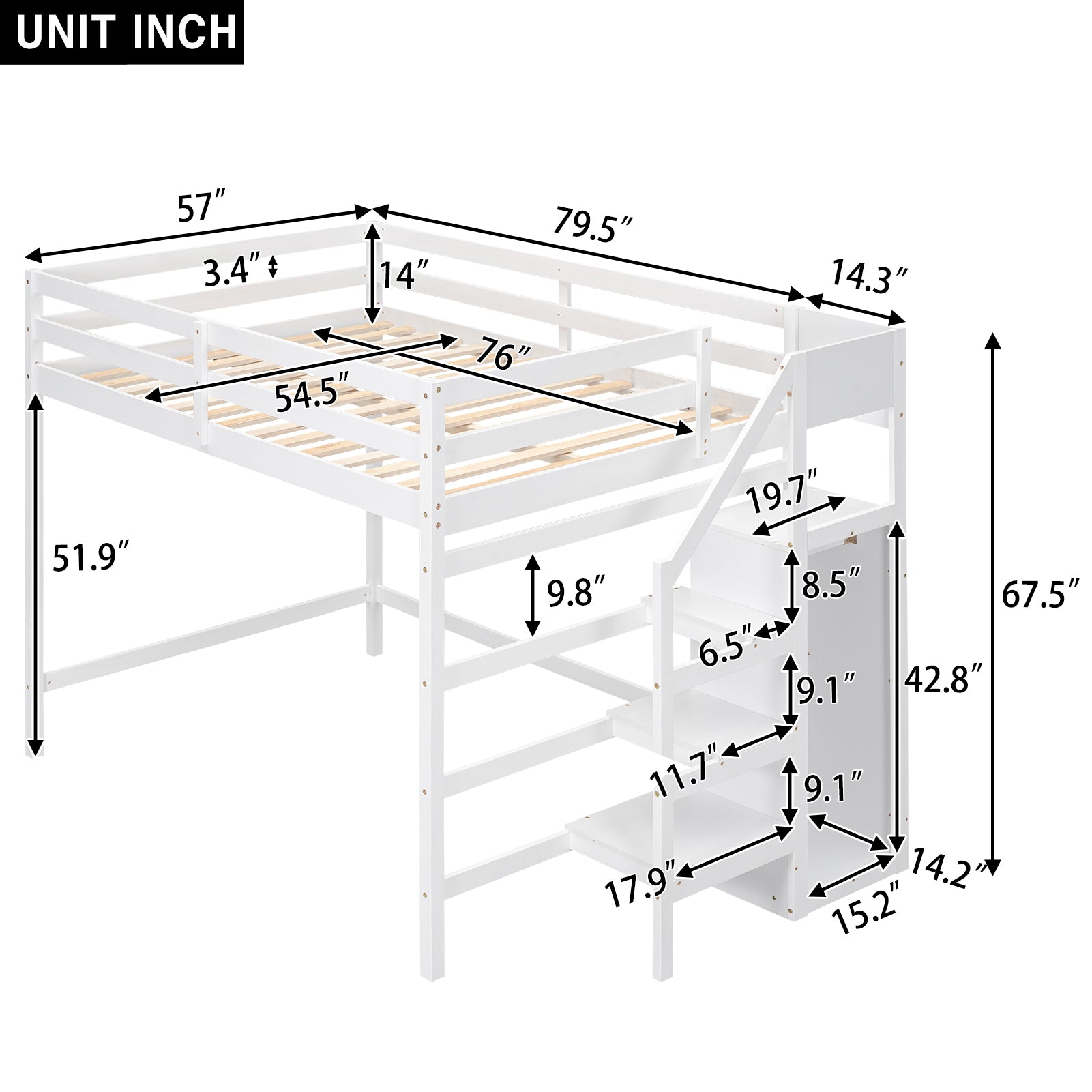 Full Size Loft Bed With Built In Storage Wardrobe And Staircase, White Box Spring Not Required Full White Wood Bedroom Pine