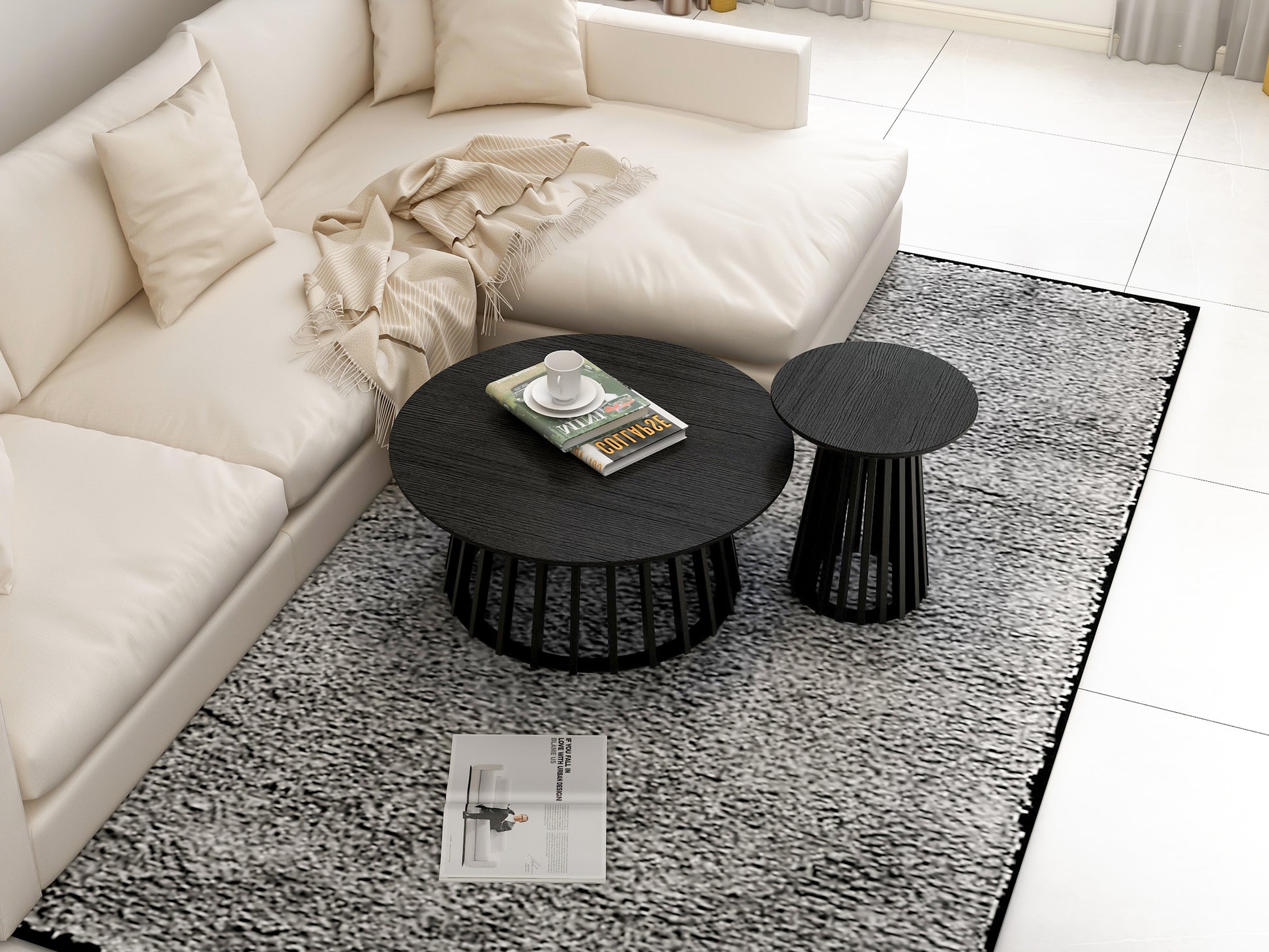 Round Coffee Table Set Of 2, Grille Molding, Suitable For Bedroom, Living Room, Balcony Black Mdf