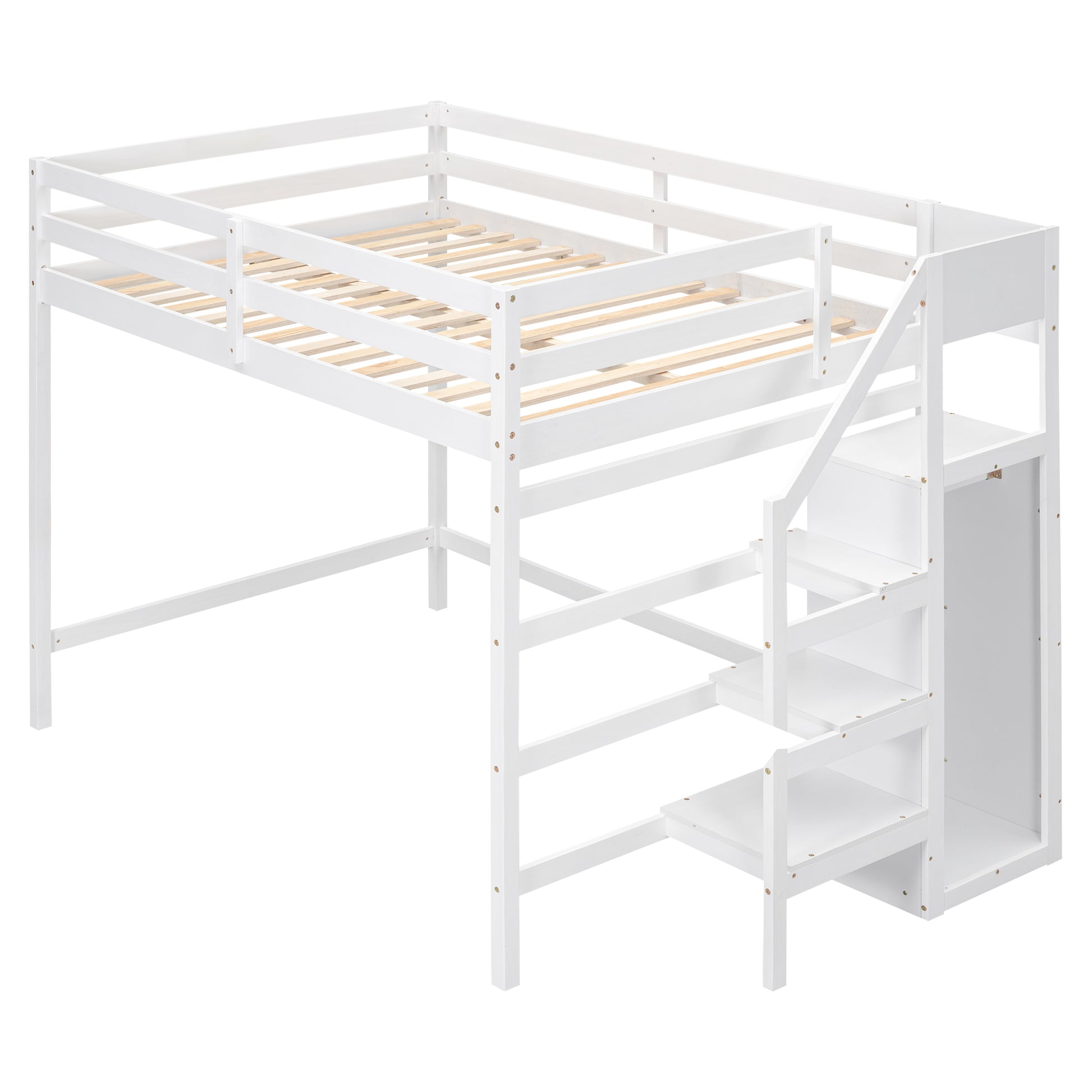 Full Size Loft Bed With Built In Storage Wardrobe And Staircase, White Box Spring Not Required Full White Wood Bedroom Pine