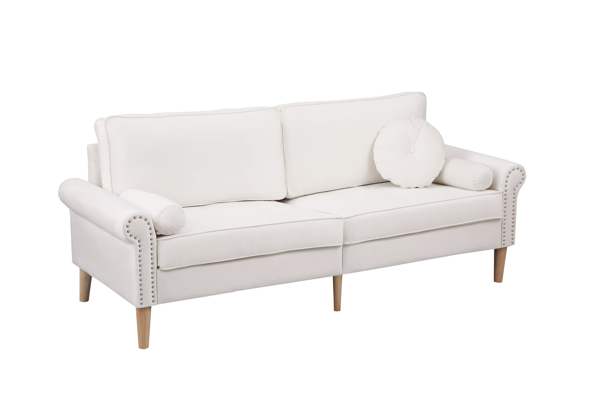 Living Room Sofa,3 Seater Sofawith Copper Nail On Arms ,Three Pillow,White White Velvet