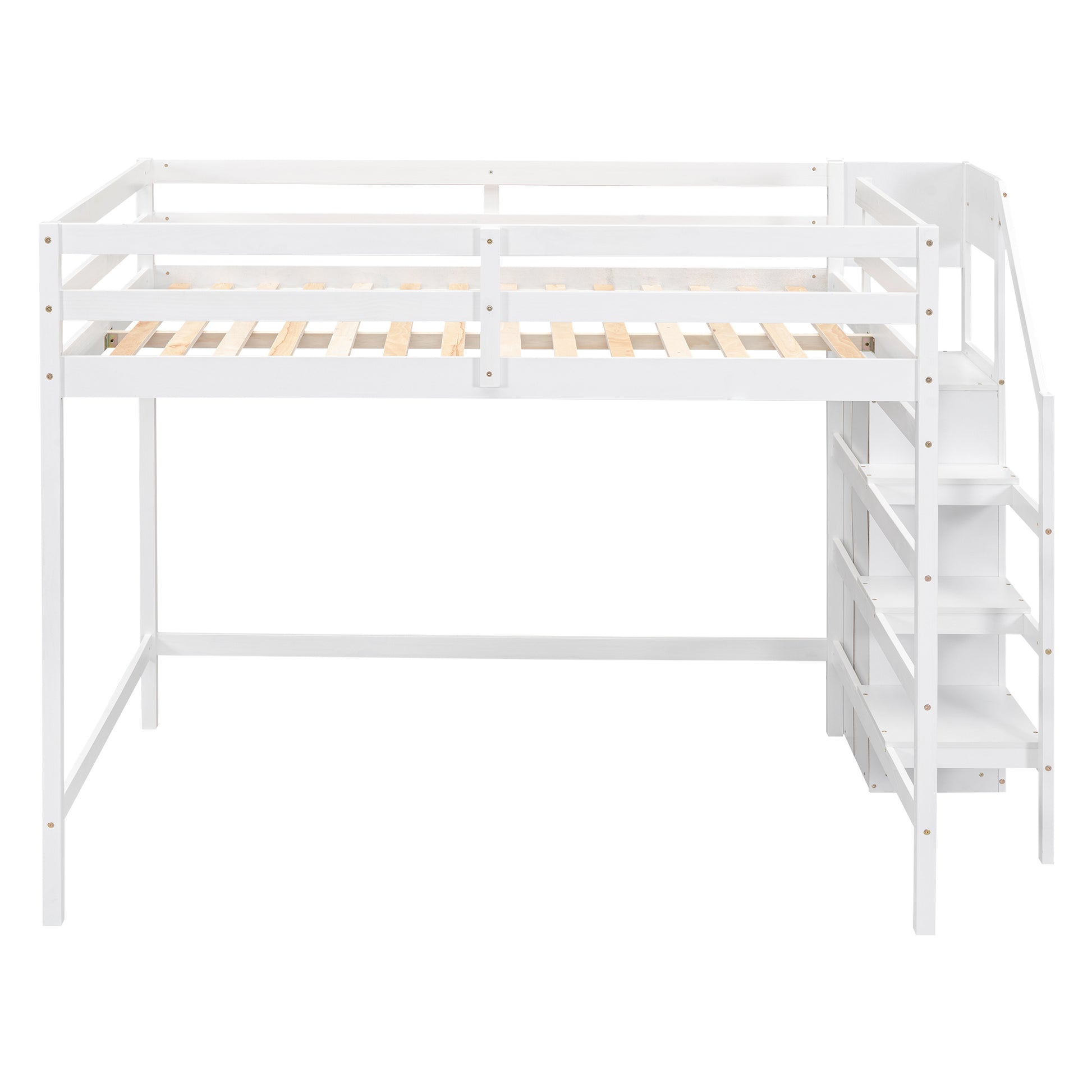 Full Size Loft Bed With Built In Storage Wardrobe And Staircase, White Box Spring Not Required Full White Wood Bedroom Pine