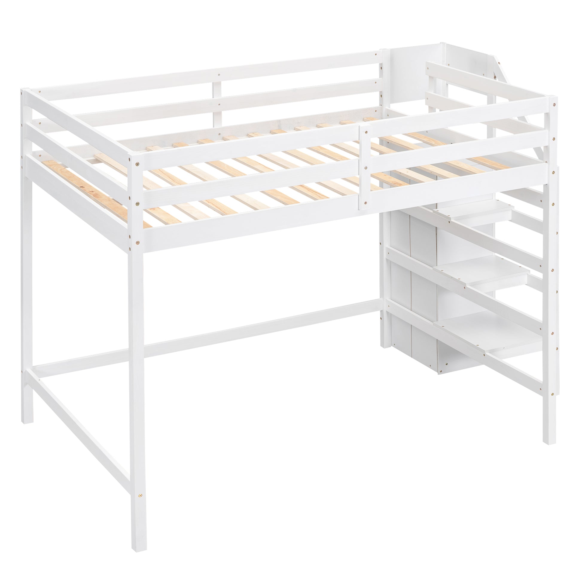 Full Size Loft Bed With Built In Storage Wardrobe And Staircase, White Box Spring Not Required Full White Wood Bedroom Pine