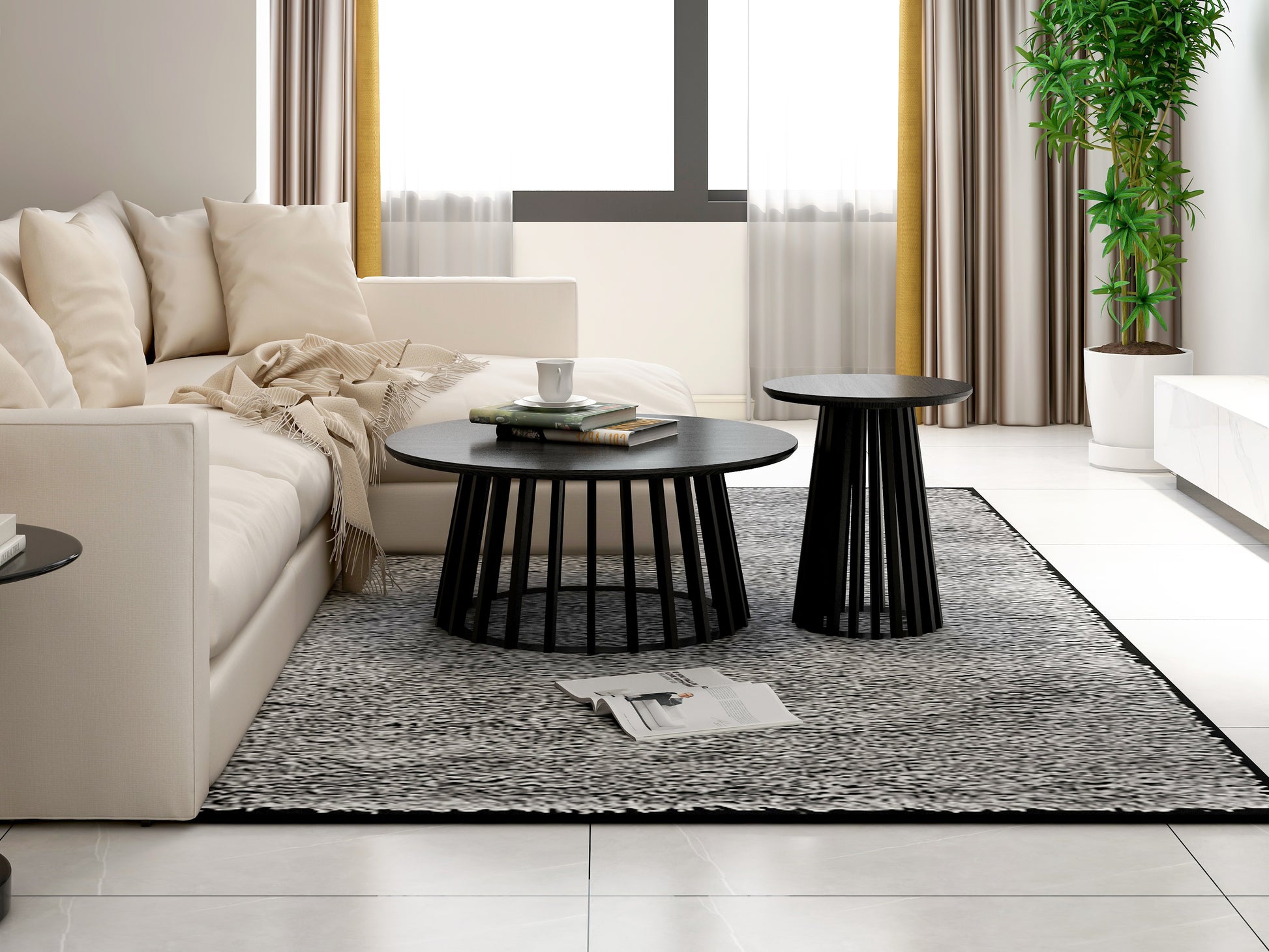 Round Coffee Table Set Of 2, Grille Molding, Suitable For Bedroom, Living Room, Balcony Black Mdf