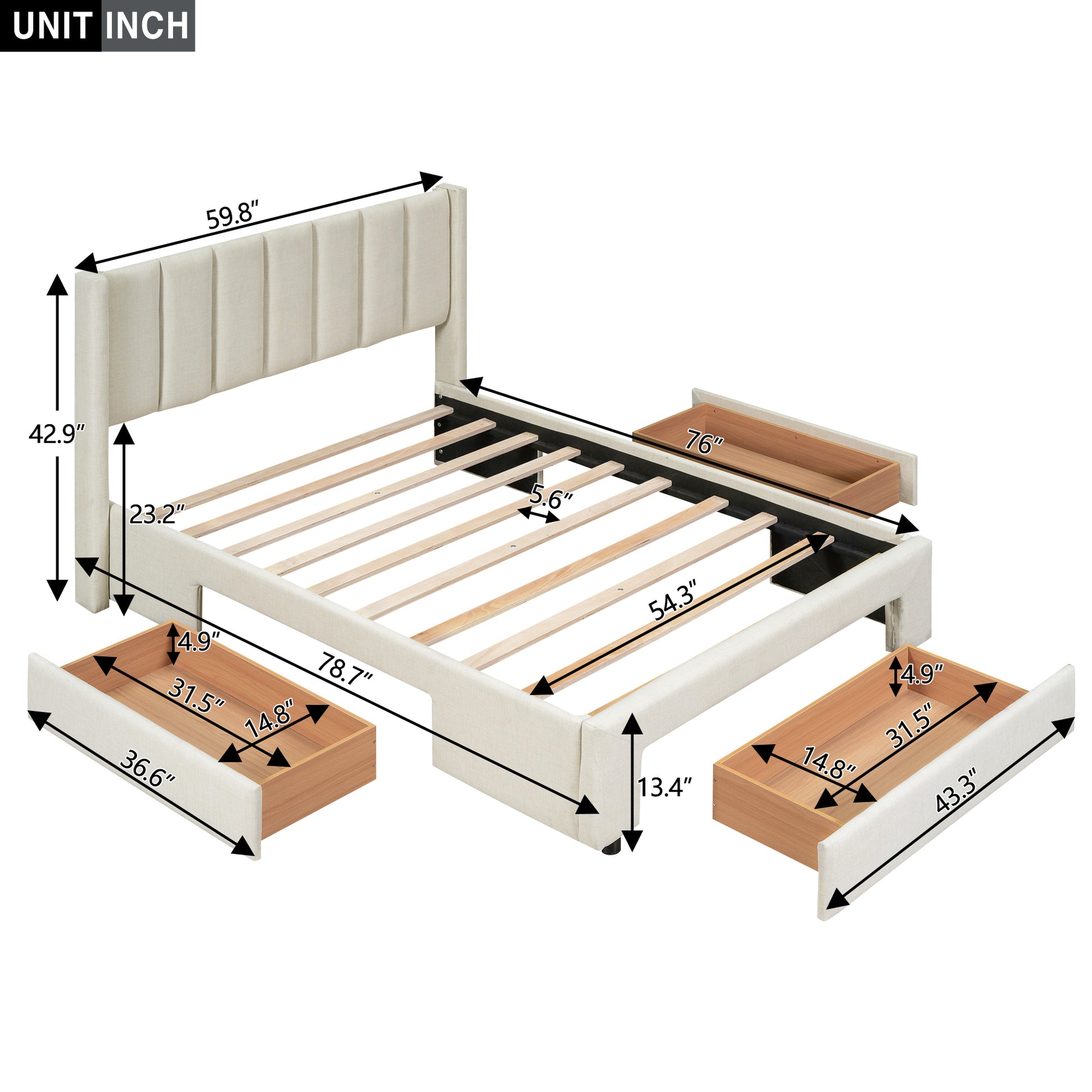 Full Size Upholstered Platform Bed With One Large Drawer In The Footboard And Drawer On Each Side,Beige Box Spring Not Required Full Beige Wood Bedroom Bed Frame Linen Upholstered