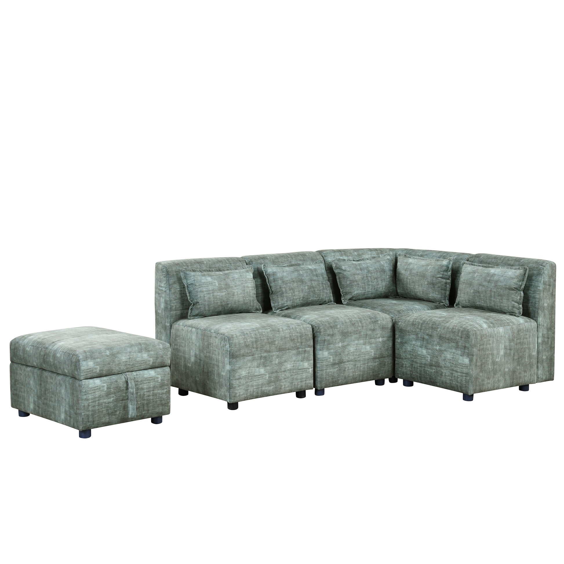 Free Combined Sectional Sofa 5 Seater Modular Couches With Storage Ottoman, 5 Pillows For Living Room, Bedroom, Office, Blue Green Blue Green Foam Chenille