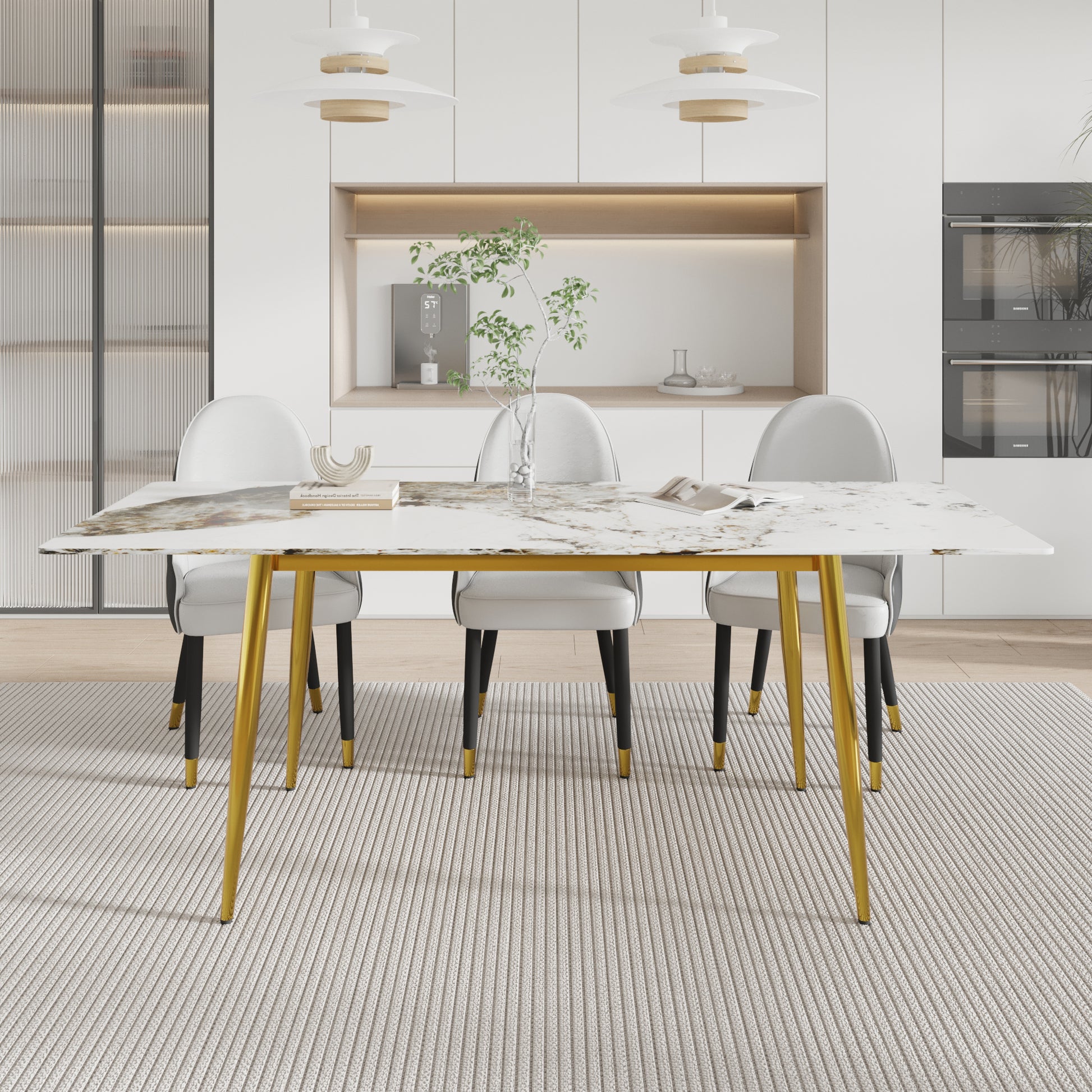 78.74" Modern Artificial Stone Pandora White Straight Edge Golden Metal Leg Dining Table Can Accommodate 8 People White Metal Sintered Stone